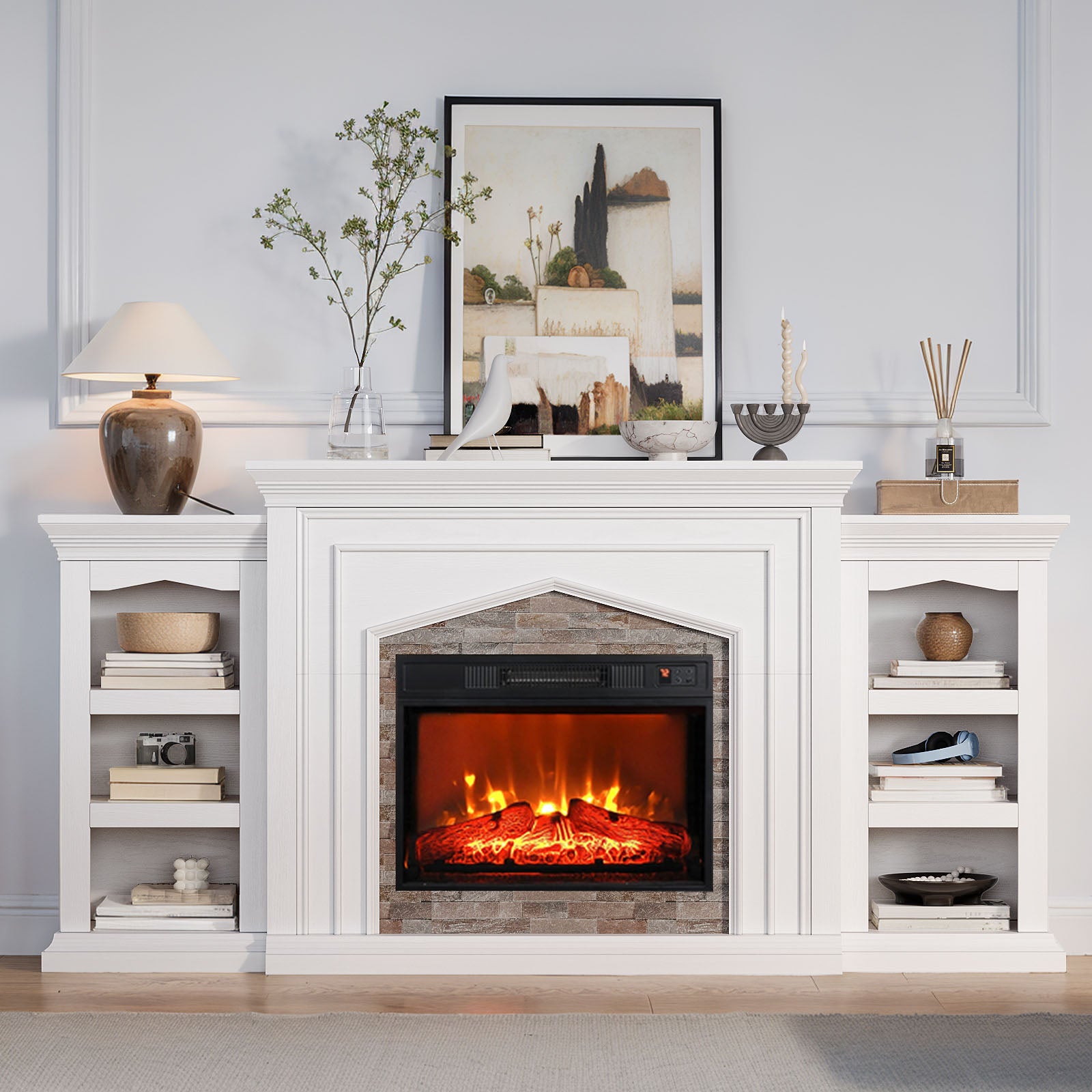 Holliwill 80" Electric Fireplace with Mantel for Living Room, Modern Farmhouse TV Stand for TVs up to 90" with Storage