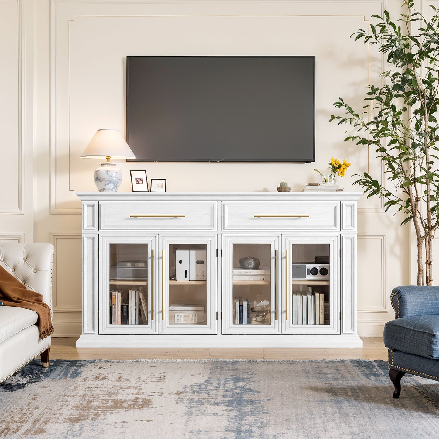 HolliWill 63" Modern Buffet Cabinet with 2 Drawers and 4 Glass Doors, Large Sideboard Coffee Bar Cabinet