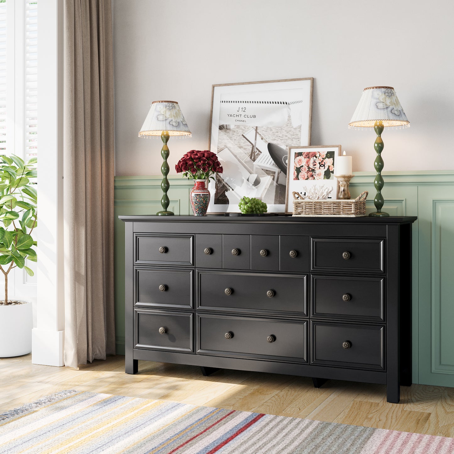 9 Drawers Dresser for Bedroom, Farmhouse Long Dresser for Living Room