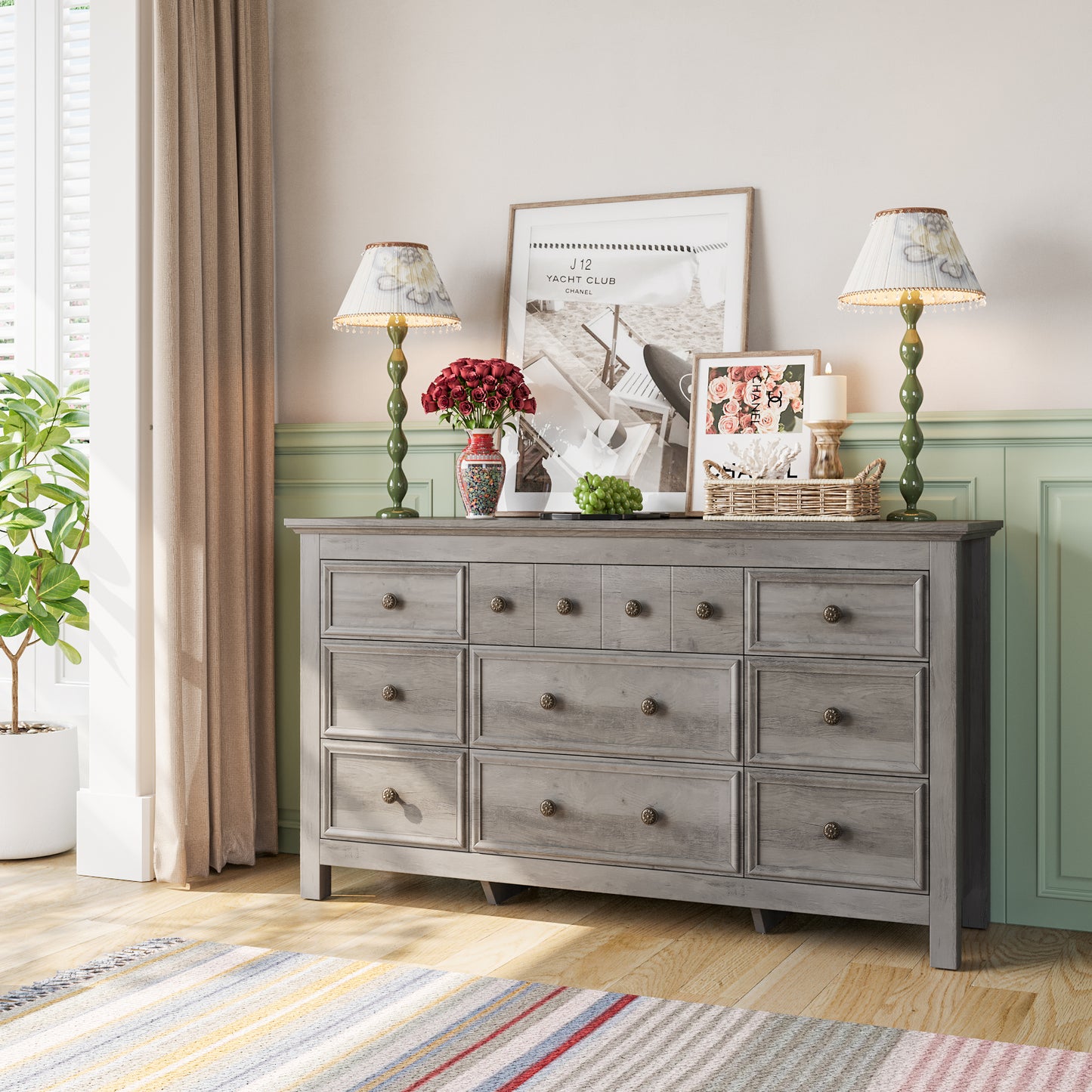 9 Drawers Dresser for Bedroom, Farmhouse Long Dresser for Living Room