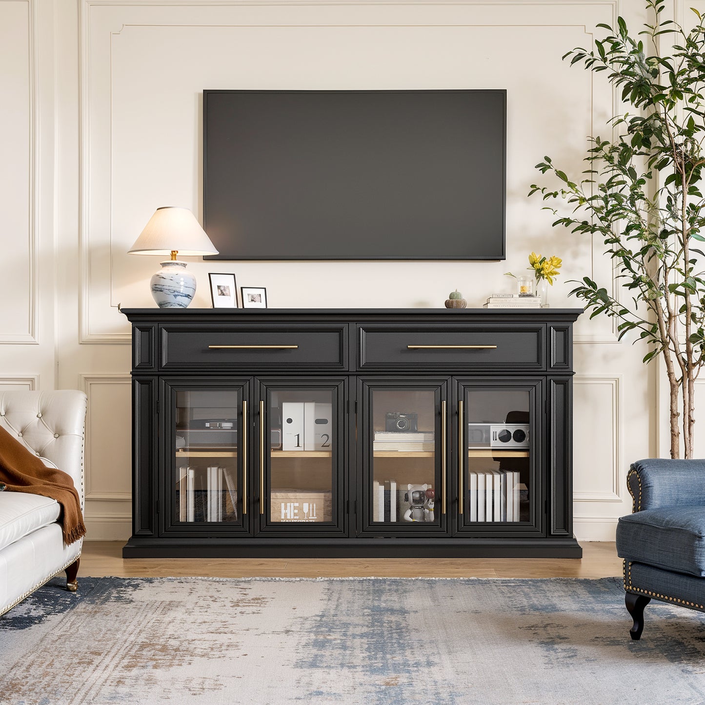 HolliWill 63" Modern Buffet Cabinet with 2 Drawers and 4 Glass Doors, Large Sideboard Coffee Bar Cabinet