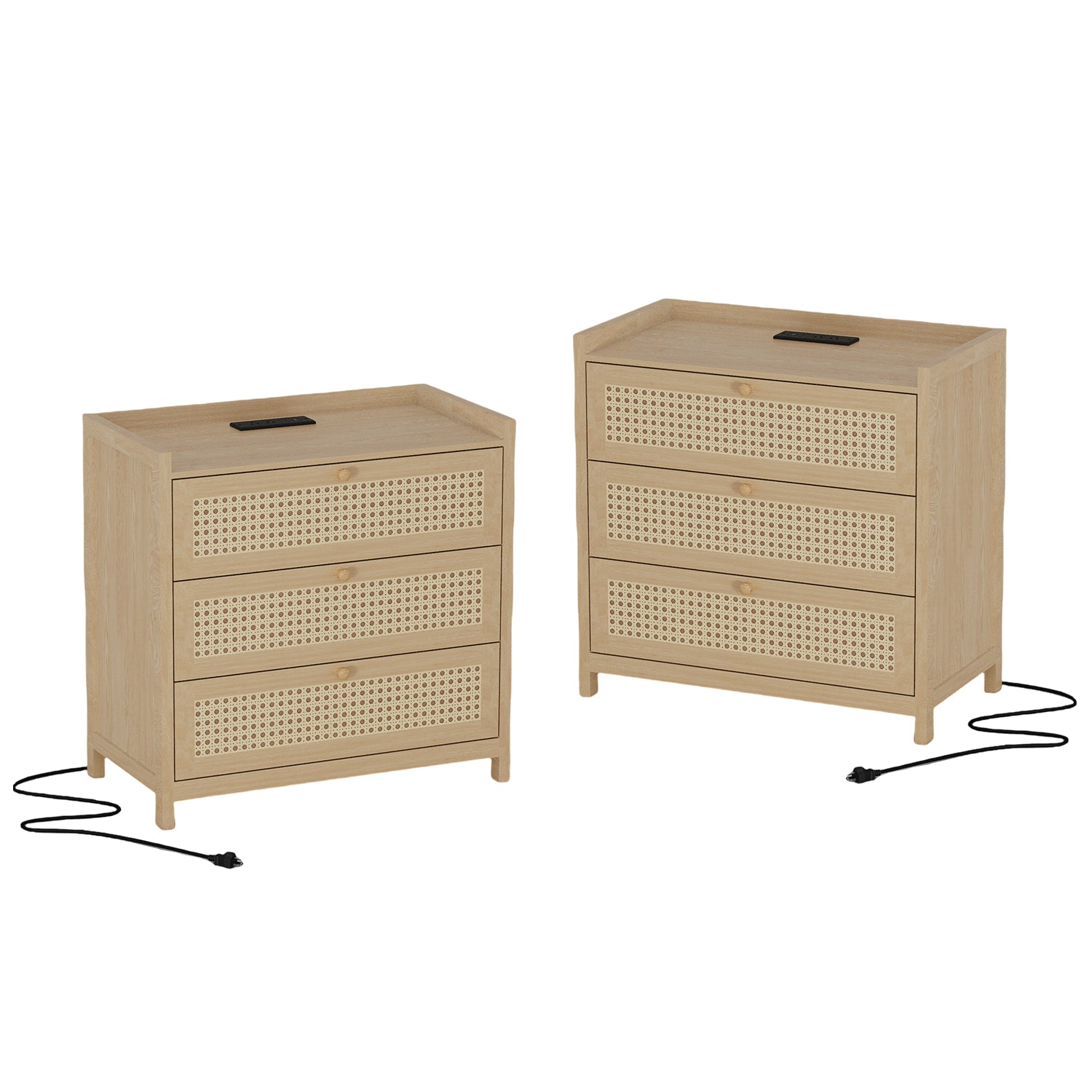 Holliwill Rattan Nightstand Bedside Table with Charging Station, 3 Drawers Storage, Boho Bed Side Tables End Table with Type-C, USB Port for Bedroom, Natural Oak