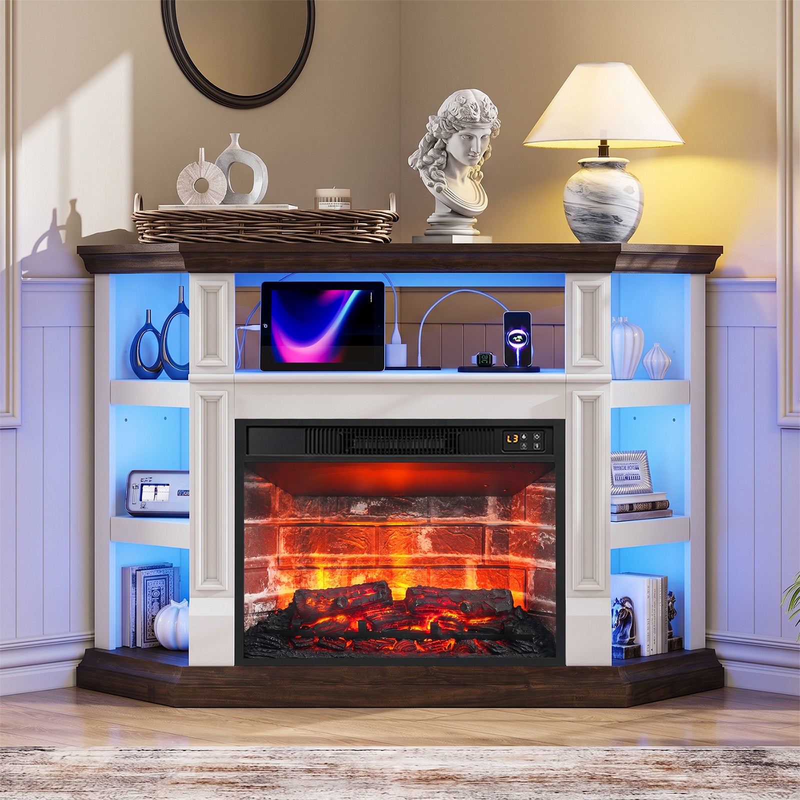 Holliwill 47" Corner Fireplace TV Stand with Storage, LED & Outlet, Modern Farmhouse TV Stand with 23" Electric Fireplace(Red Brick)