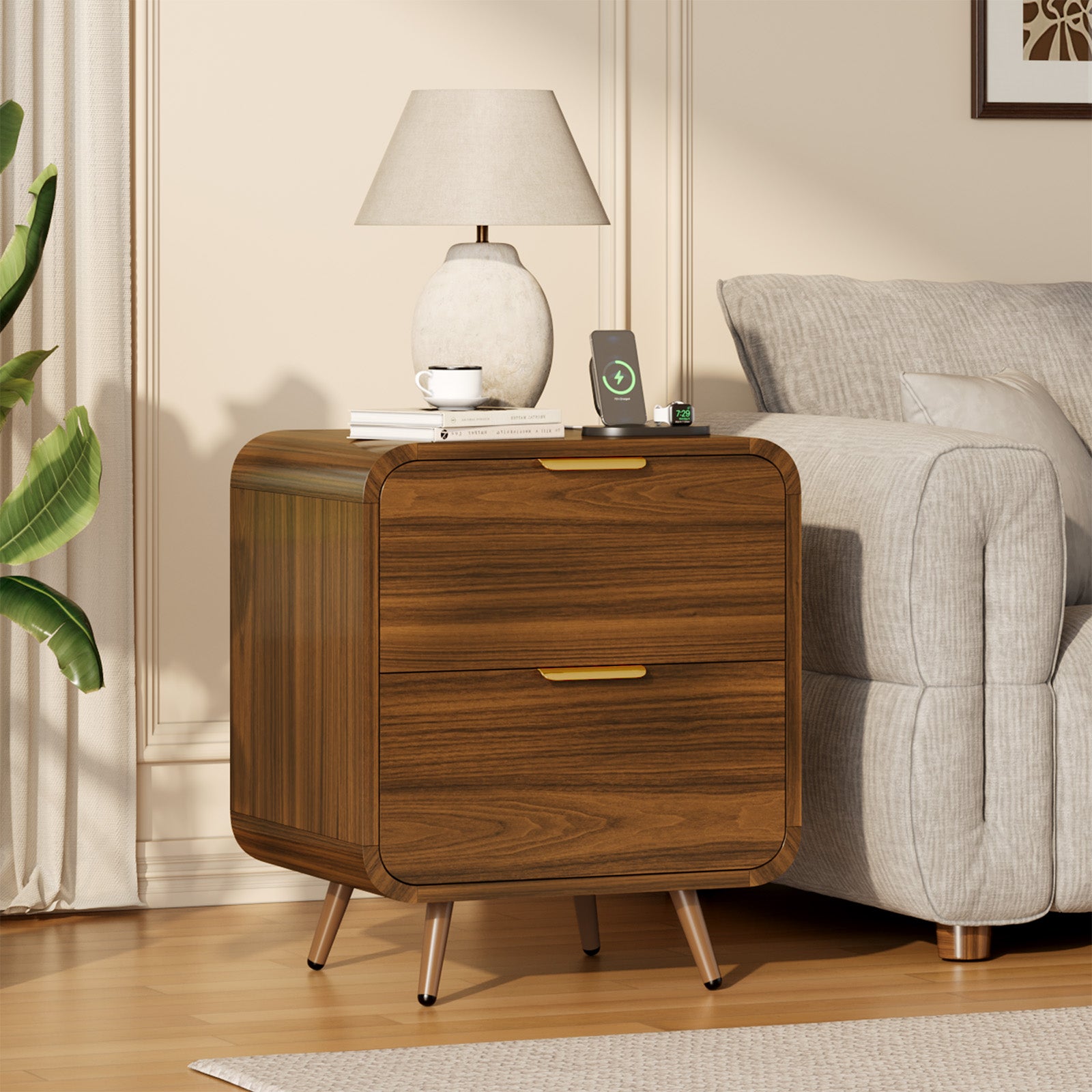 Holliwill Nightstands with Charging Station, Modern Bedside Table End Table with 2 Drawer for Bedroom Living Room