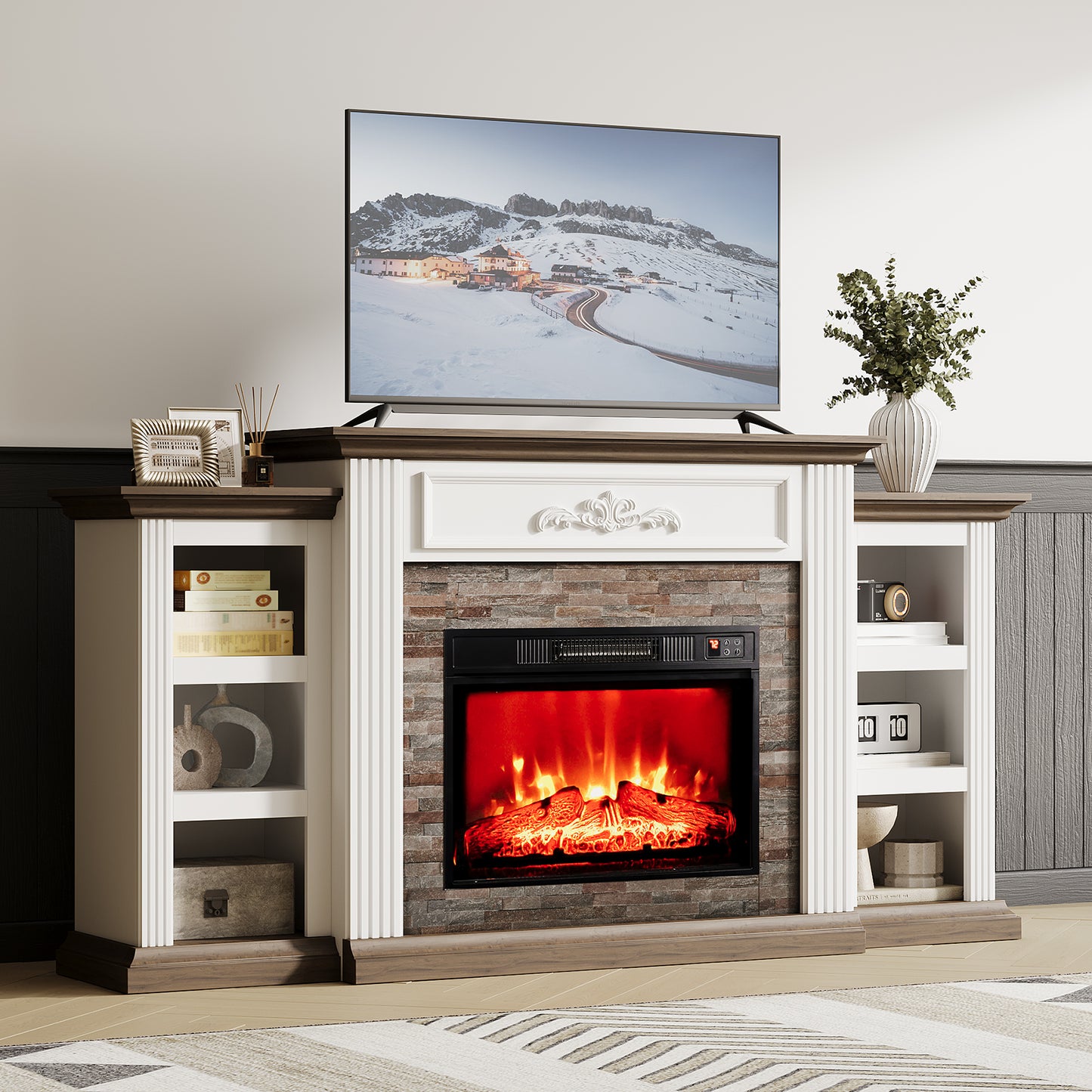 72" Electric Fireplace with Mantel, Farmhouse TV Stand for TVs up to 80"