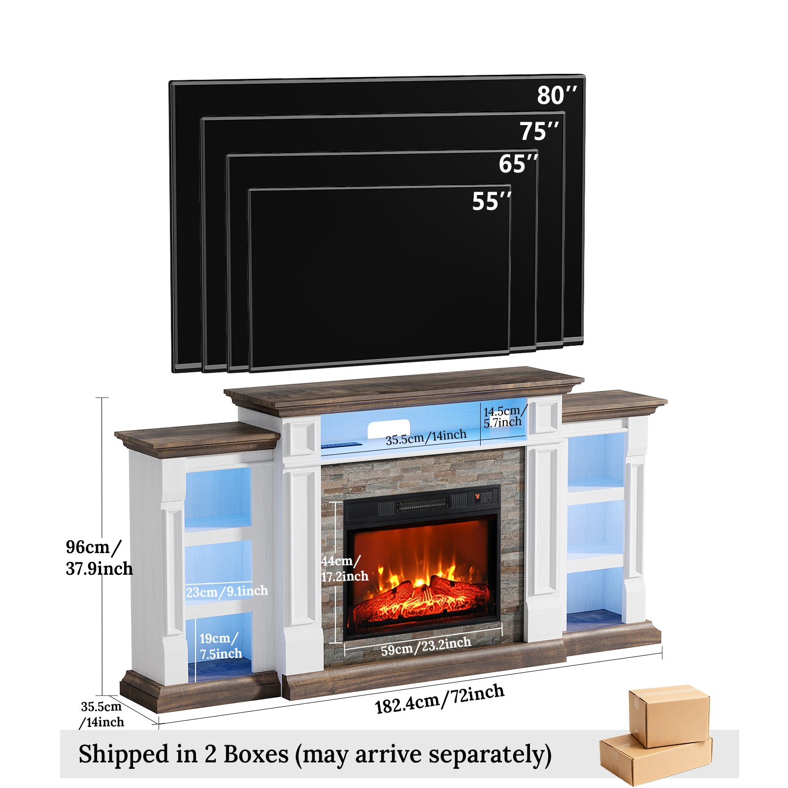 Holliwill 72" TV Stand for TVs up to 80" with Charging Station & LED Light, Electric Fireplace with Mantel, Entertainment Center with 23" Electric Heater