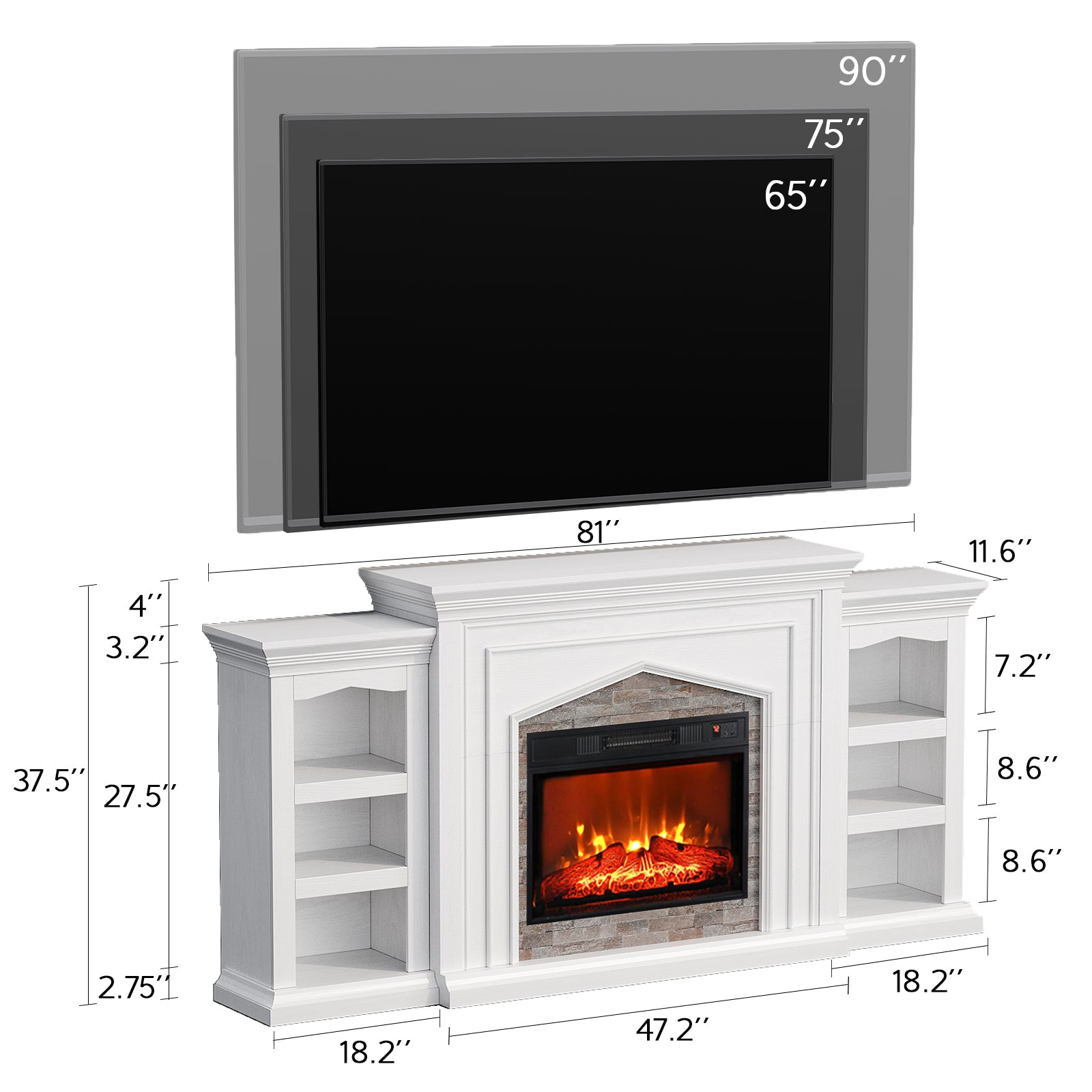 Holliwill 80" Electric Fireplace with Mantel for Living Room, Modern Farmhouse TV Stand for TVs up to 90" with Storage