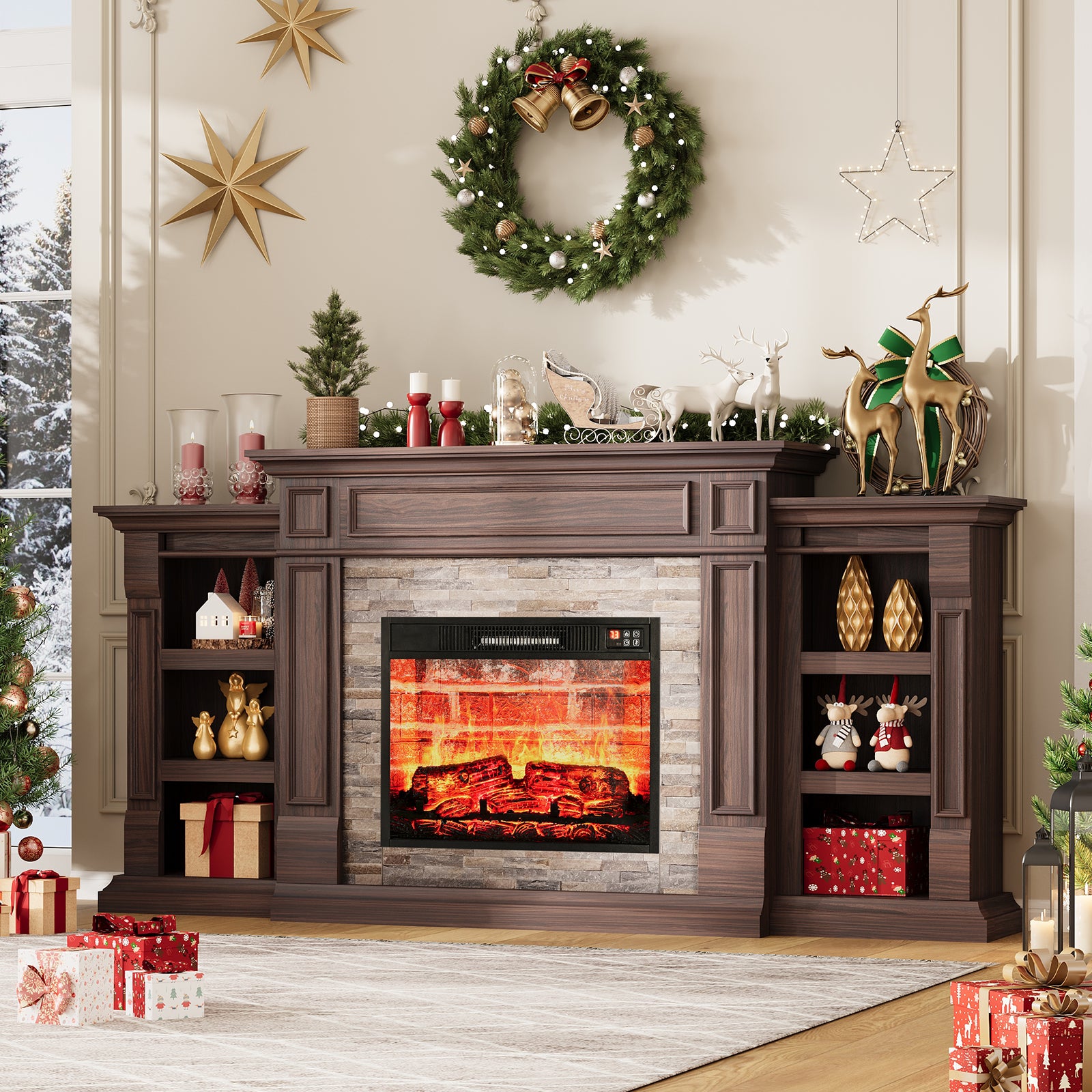 Holliwill 72" Electric Fireplace with Mantel, Farmhouse TV Stand for TVs up to 80 in, Brown