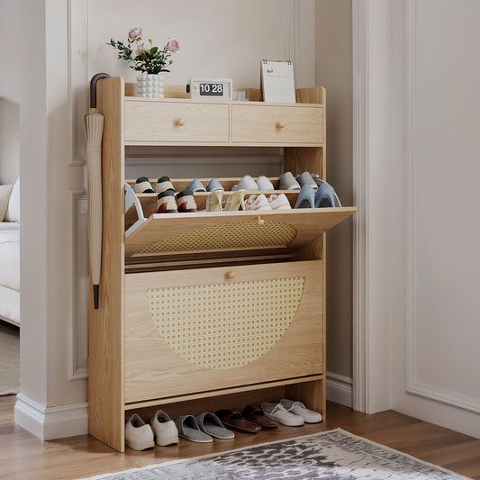 HolliWill Shoe Storage Cabinet with 2 Rattan Flip Drawers & 2 Drawers