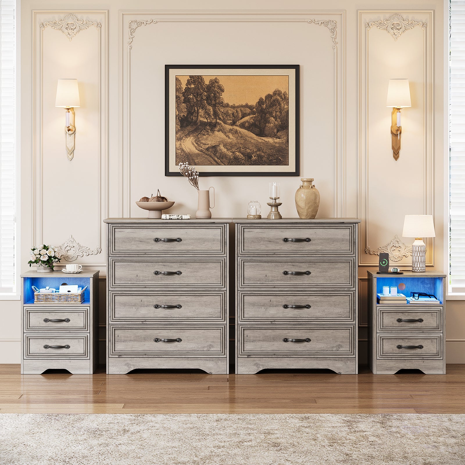 Holliwill Dresser Nightstands 4-Piece Set, Tall 4 Drawers Dresser and Bedside Table with LED & Outlets for Bedroom, Grey