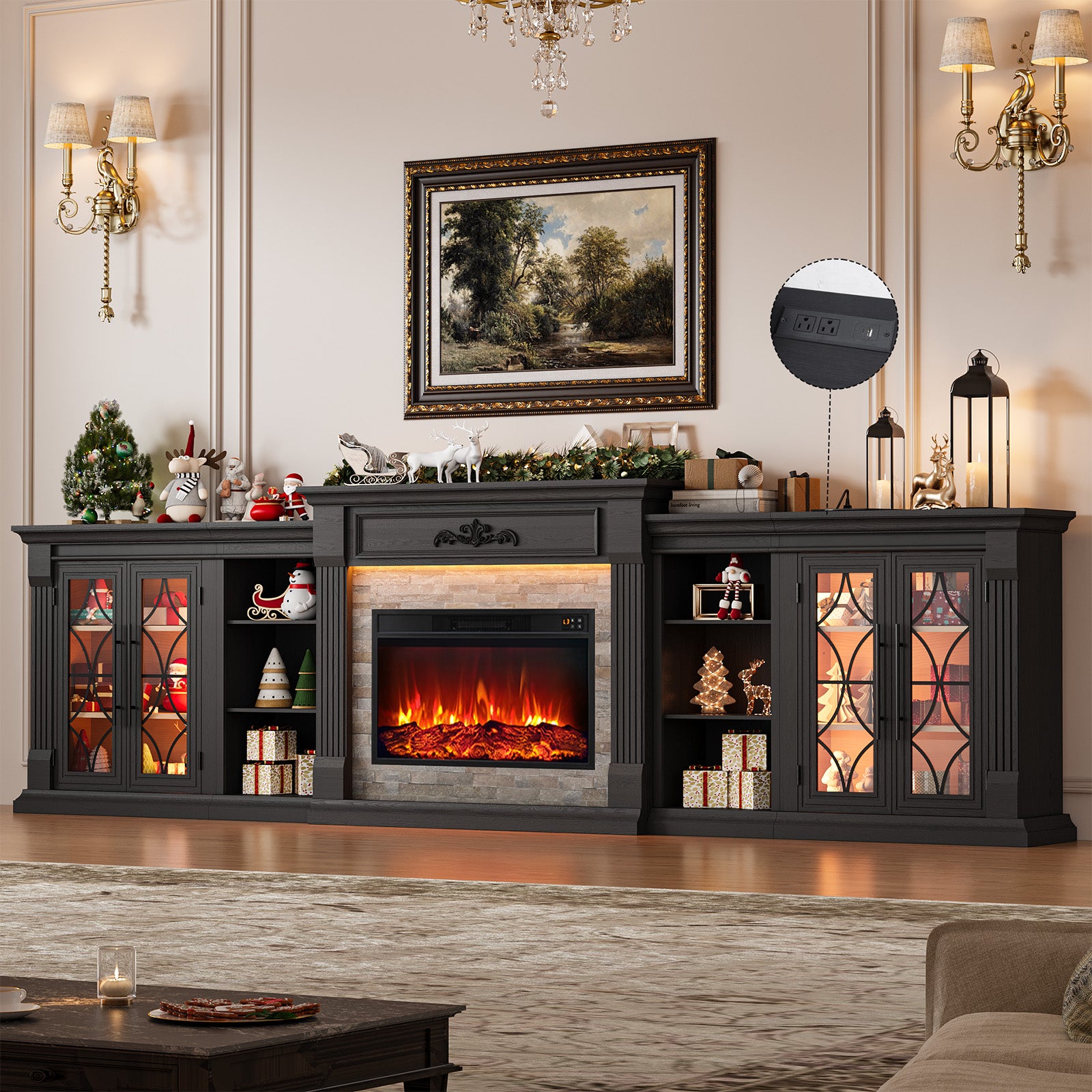 Holliwill Modular 135" Fireplace TV Stand with 30" Electric Fireplace & LED Lights & Charging Station, Modern Farmhouse Entertainment Center for Living Room