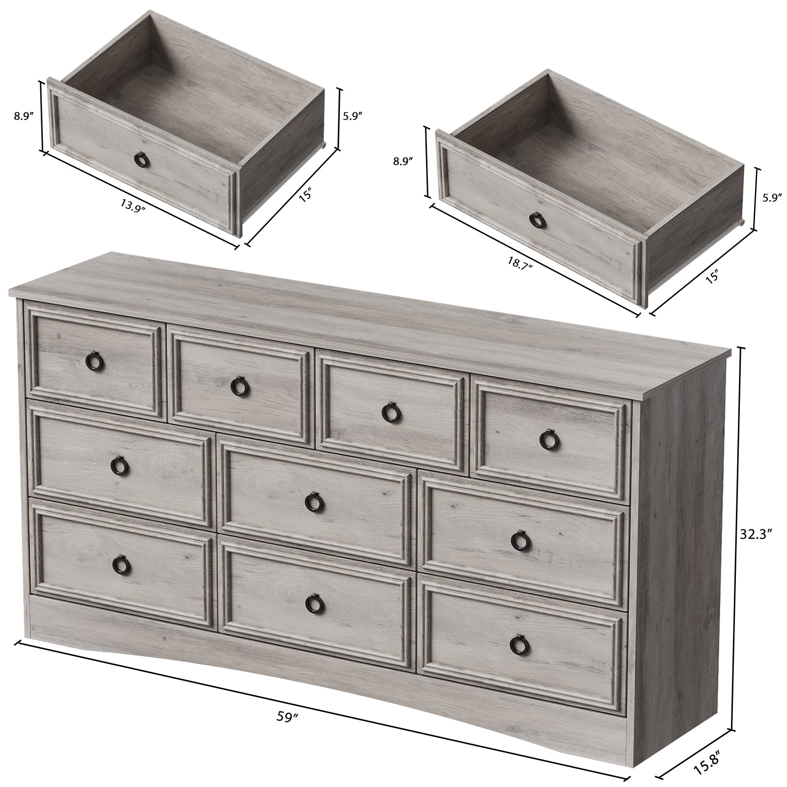 Holliwill Dresser Nightstands Set, 4 Pieces Bedroom Furniture Set, Wide 10 Drawer Dresser, Tall 6 Drawer Dresser and 2 Drawer Nightstand with LED Lights & Charging Station, Grey