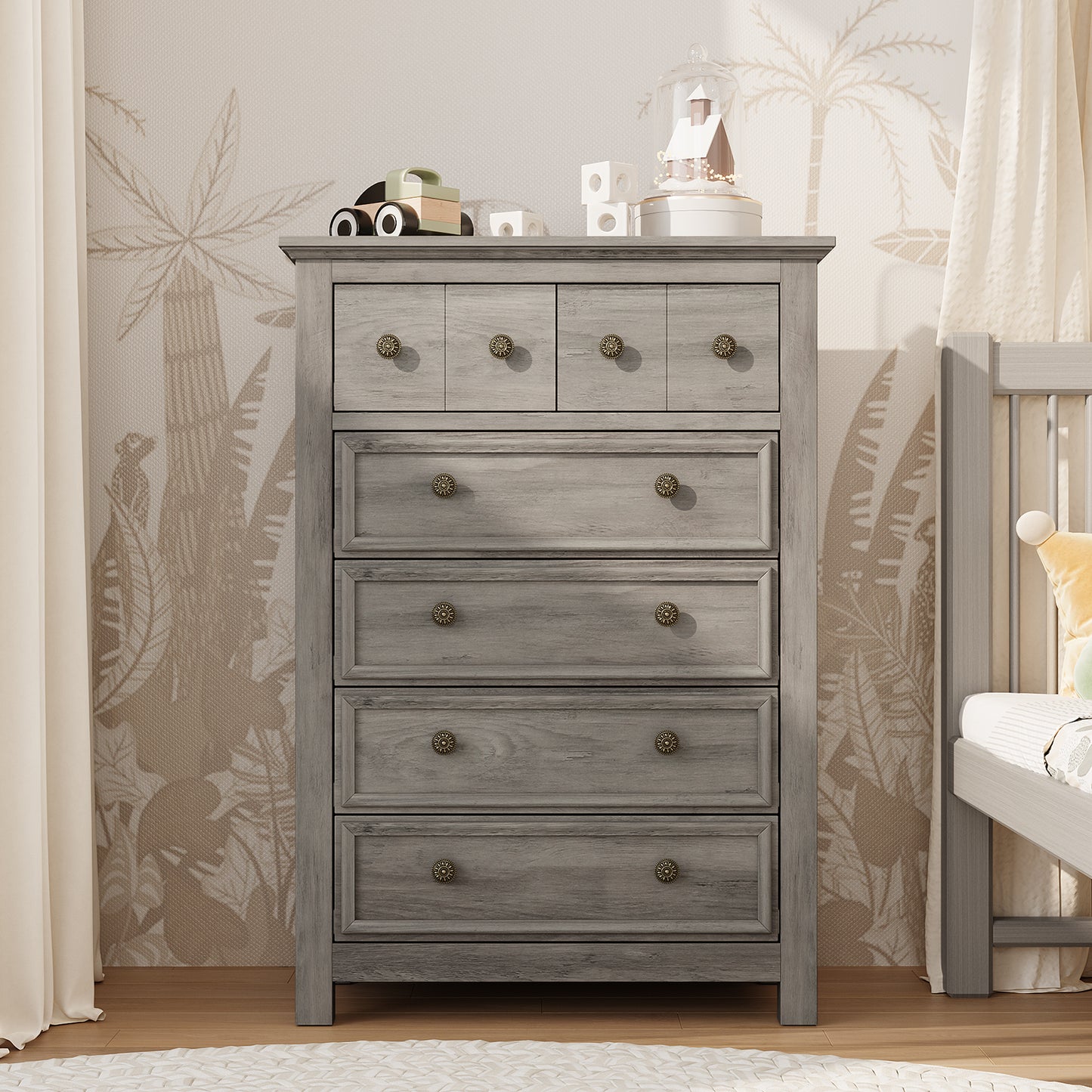 6 Drawers Dresser for Bedroom, Farmhouse Tall Dresser, Gray