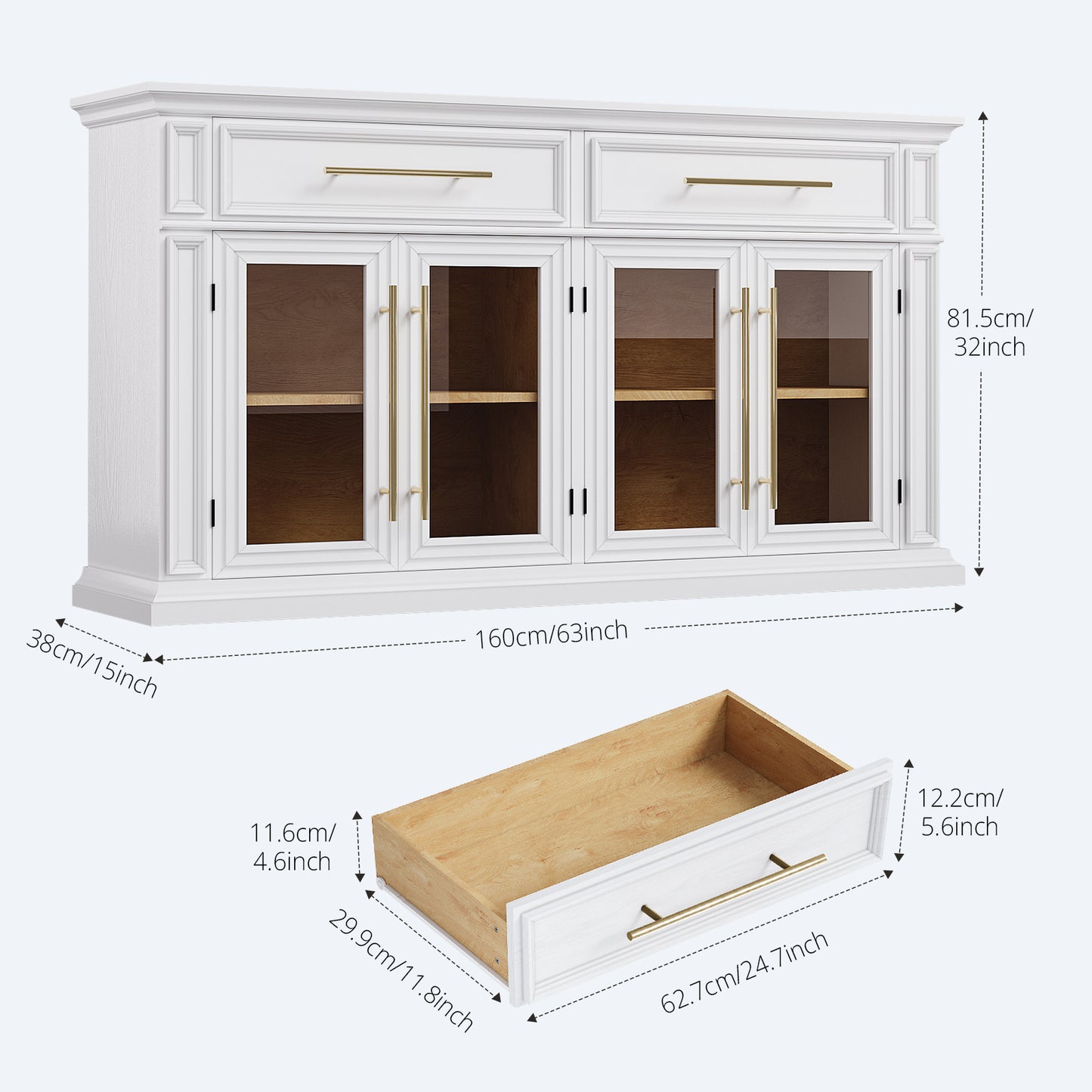 HolliWill 63" Modern Buffet Cabinet with 2 Drawers and 4 Glass Doors, Large Sideboard Coffee Bar Cabinet