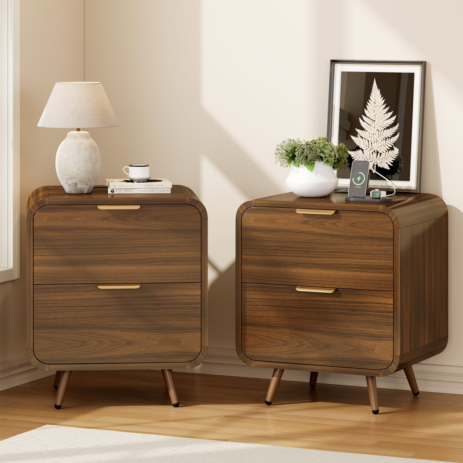 Holliwill Nightstands Set of 2 with Charging Station, Modern Bedside Table End Table with 2 Drawer for Bedroom Living Room