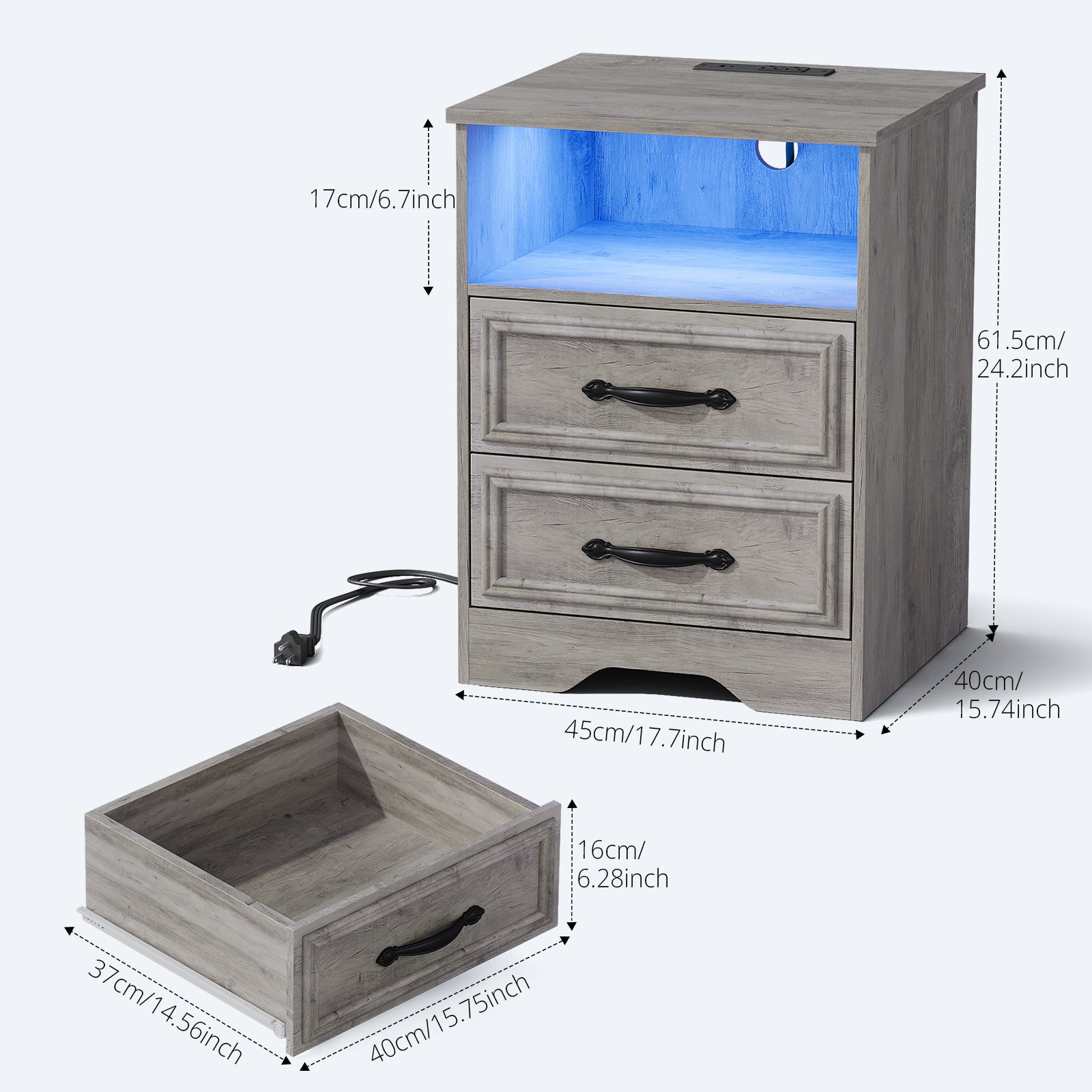 Holliwill Dresser Nightstands Set, 10 Drawers Dresser and 2pcs Bedside Table with LED & Outlets for Bedroom, Grey