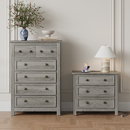 Holliwill Farmhouse Bedroom 2/3 Pieces Set, Drawer Dresser and 3 Drawer Nightstand with Open Shelf & Charging Station, Chest of Drawers for Bedroom, Grey