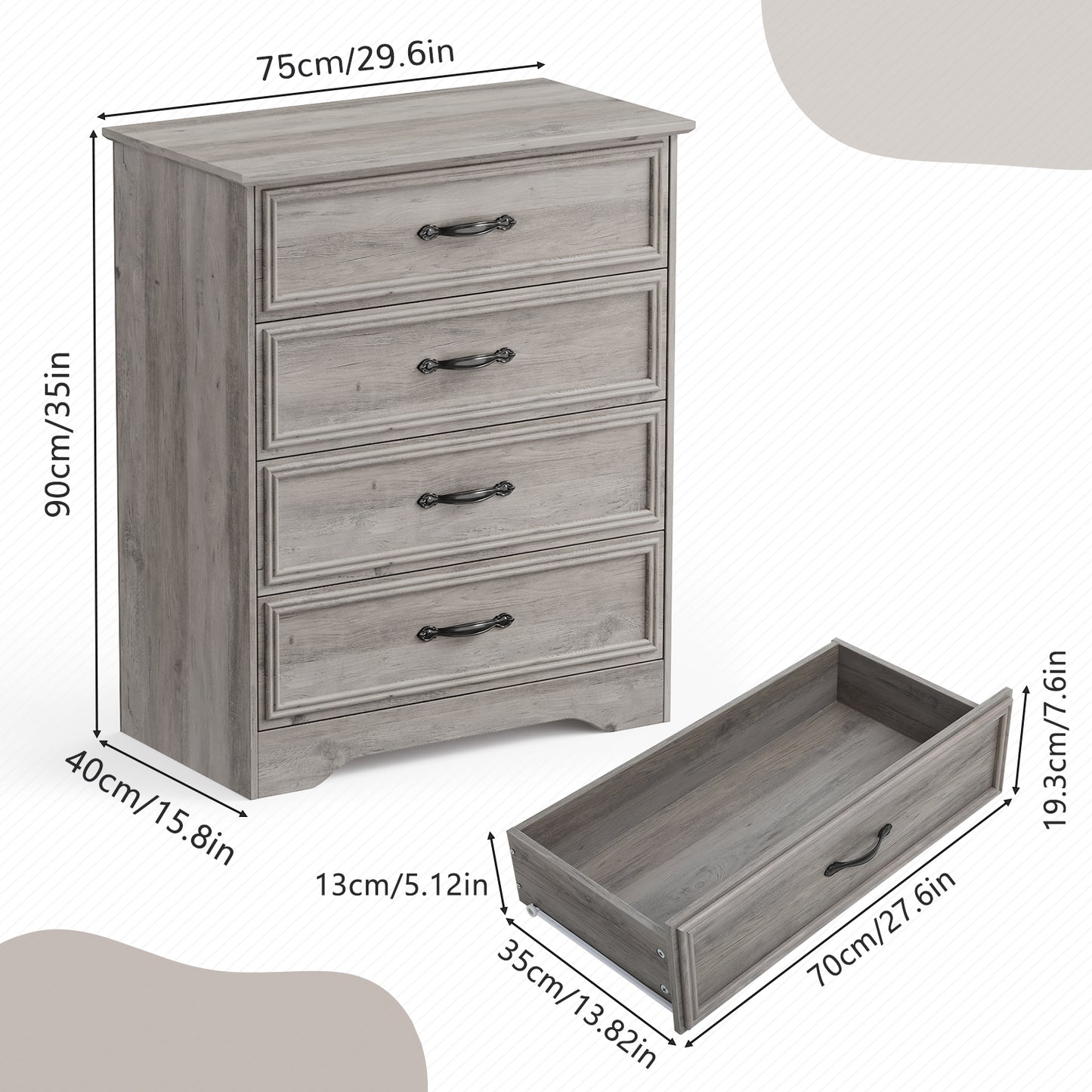 4 Drawer Dresser for Bedroom, Wood Chest of Drawers Gray