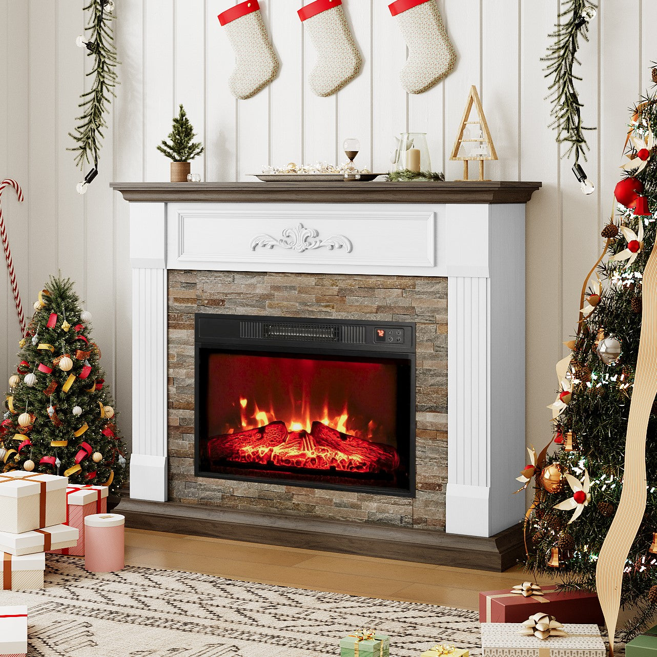 Holliwill Electric Fireplace Mantel, 44" Freestanding Fireplace Heater with Stacked Stone Surround Firebox, Infrared Quartz Heater with Remote Control, 1400W