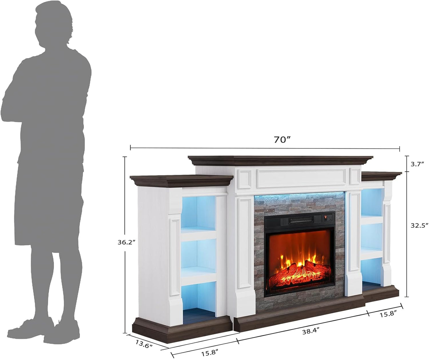 71" Fireplace Mantel TV Stand Entertainment Center for TVs up to 80" with LED Lights