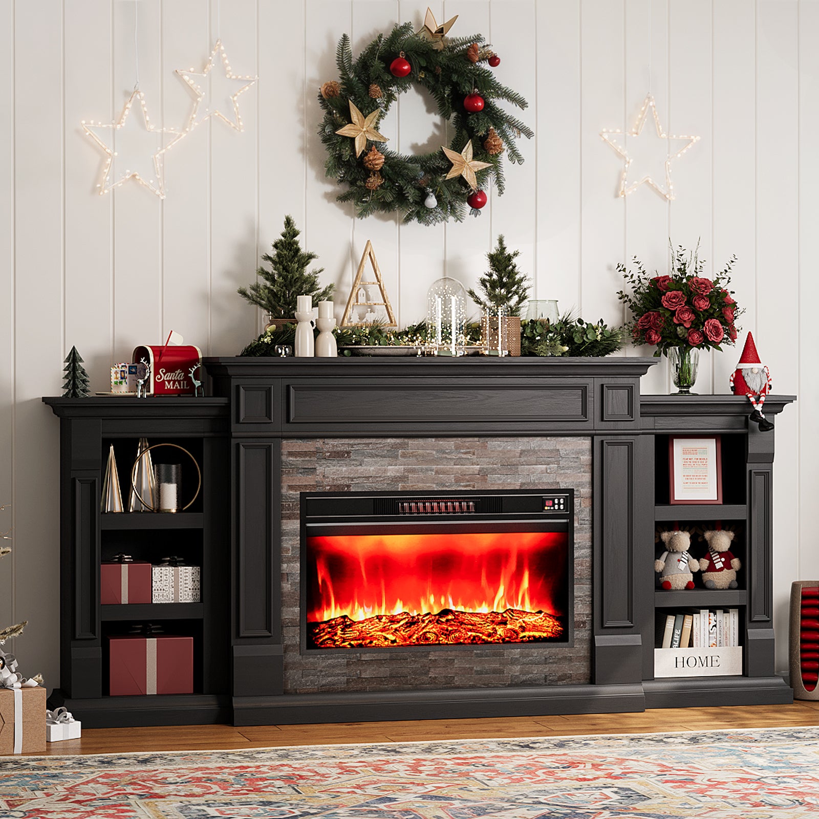 Holliwill Electric Fireplace with Mantel, 80" Farmhouse TV Stand For TVs up to 90" with Remote Control