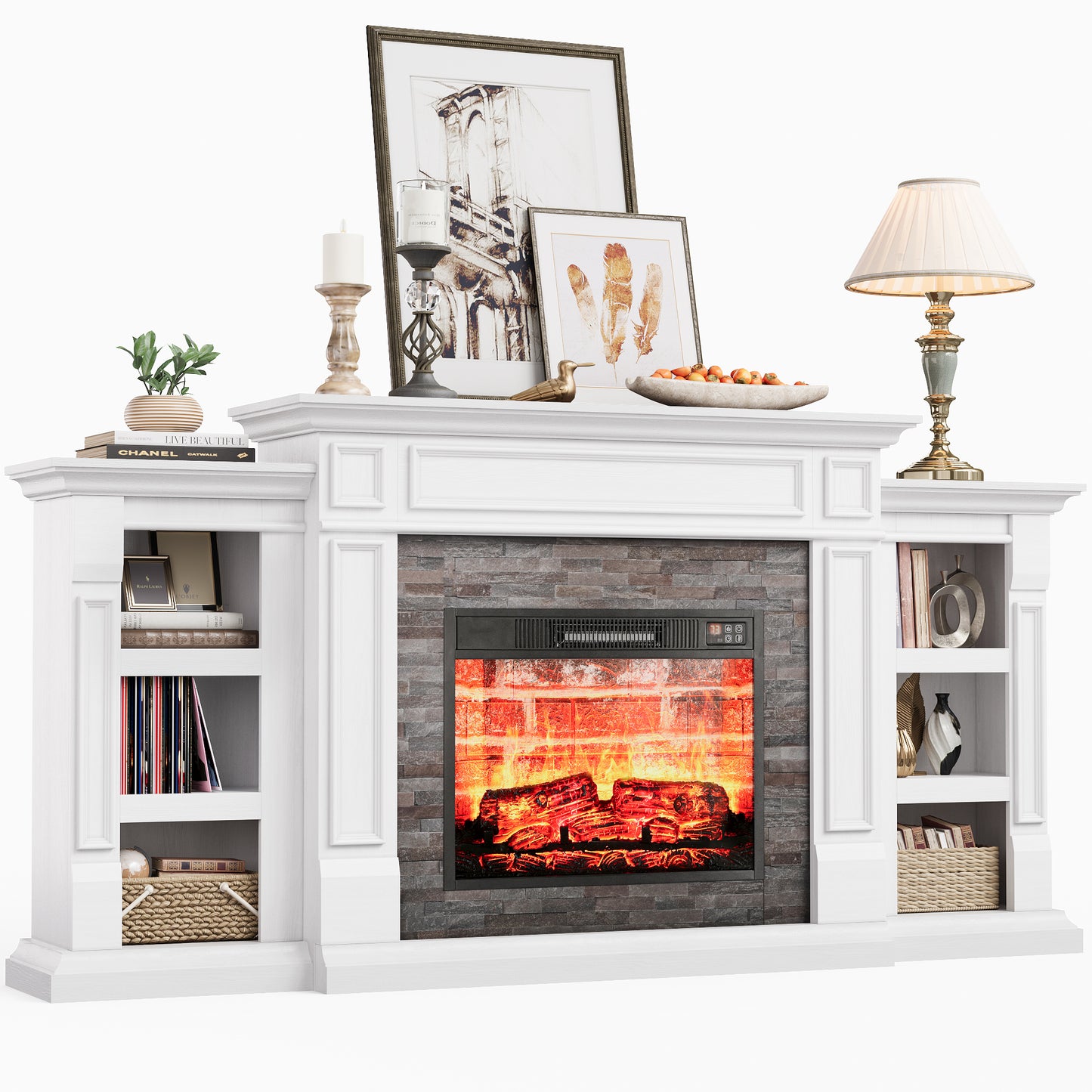 70" Fireplace Mantel TV Stand Entertainment Center for TVs up to 80" with Red Brick Fireplace