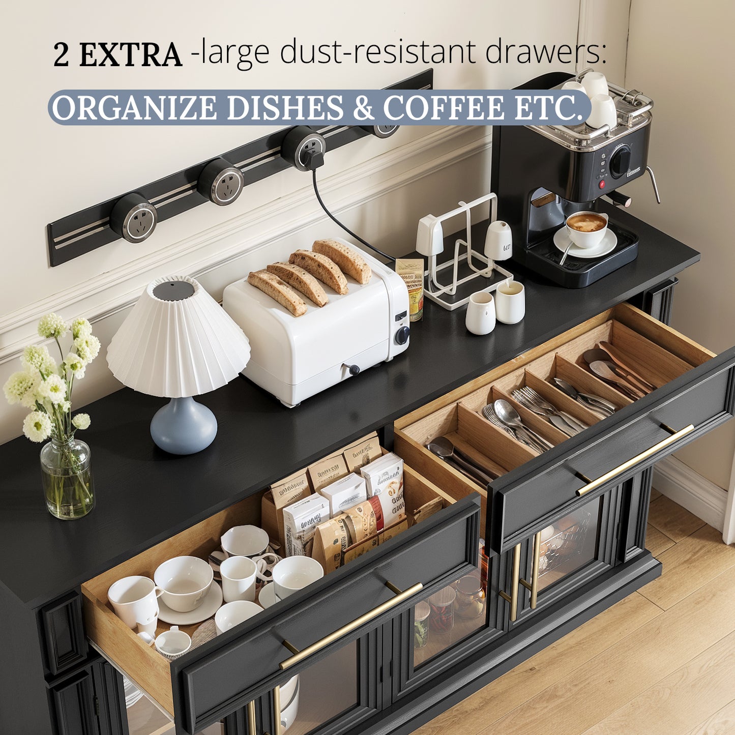 HolliWill 63" Modern Buffet Cabinet with 2 Drawers and 4 Glass Doors, Large Sideboard Coffee Bar Cabinet