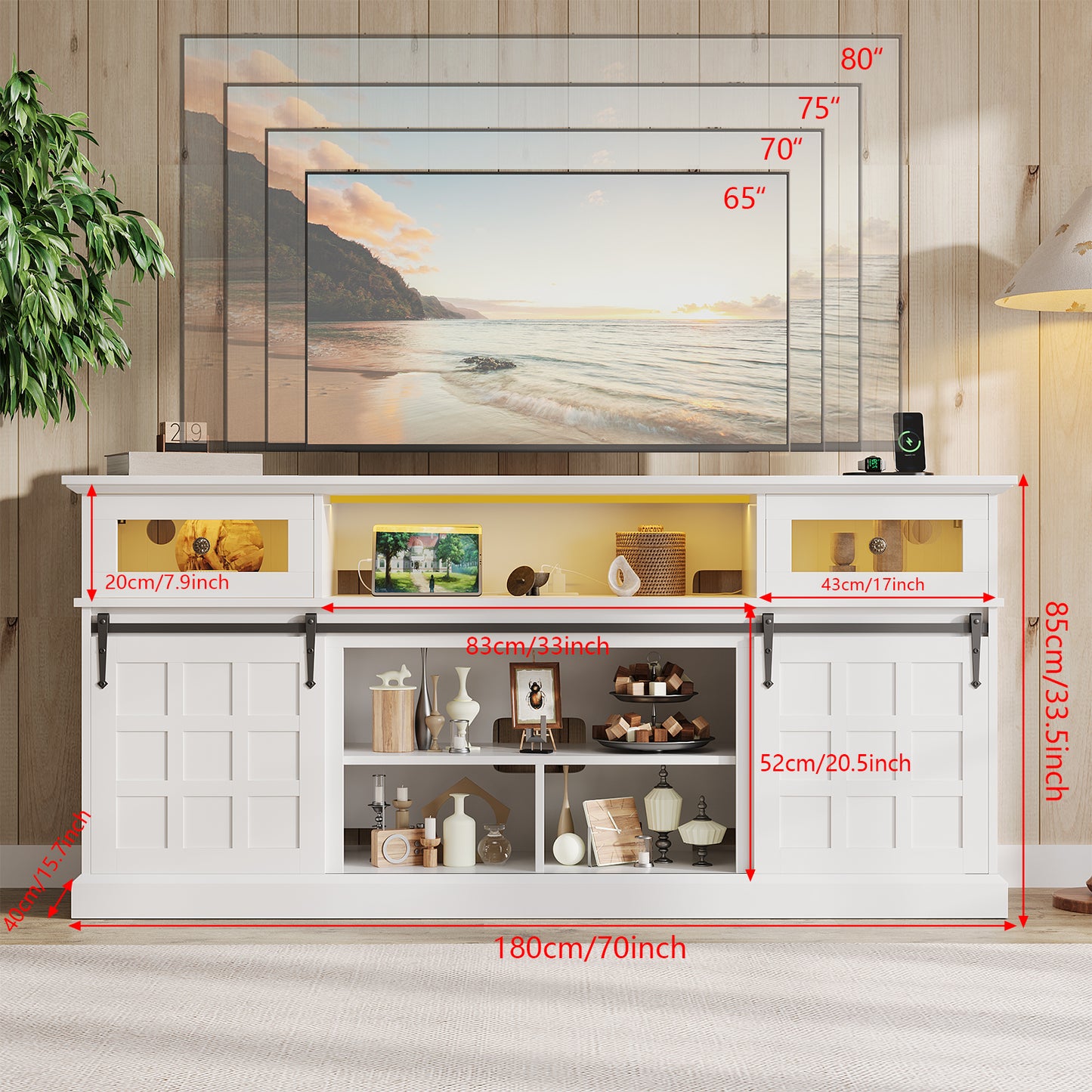 70" TV Stand for TVs up to 80" with Charging Station & LED Lights,White