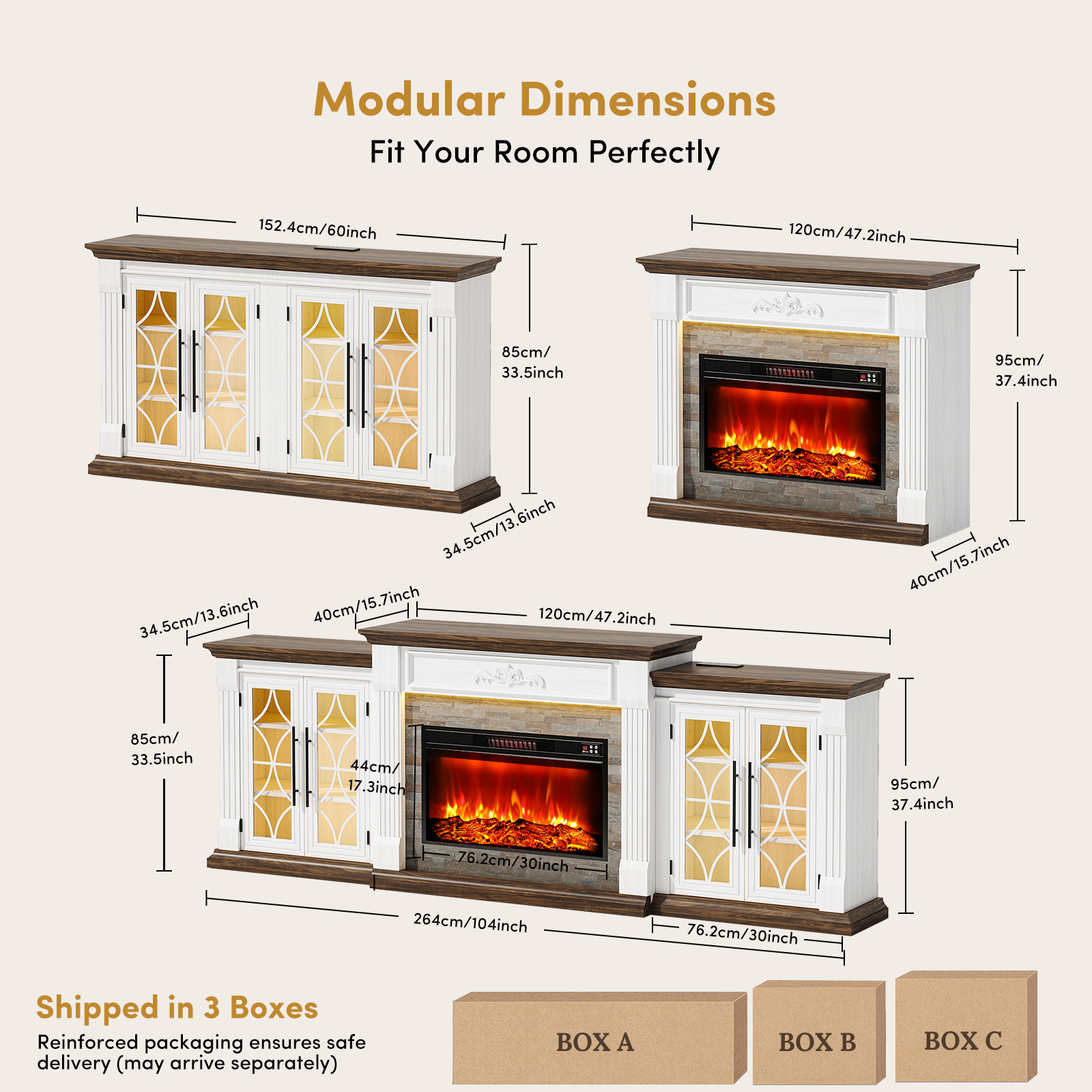 Holliwill 104" Fireplace TV Stand with 30" Electric Fireplace & LED Lights & Charging Station, 3 in 1 Modular Entertainment Center for Living Room