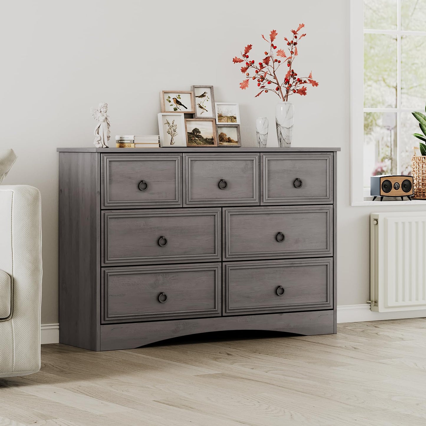 Modern 7 Drawer Dresser Gray Dressers for Bedroom, Wood Dresser with Drawers for Clothes Storage, 47" Long Dresser with Textured Borders Deep Drawer, Chest of Drawers Closet Organizers for Bedroom