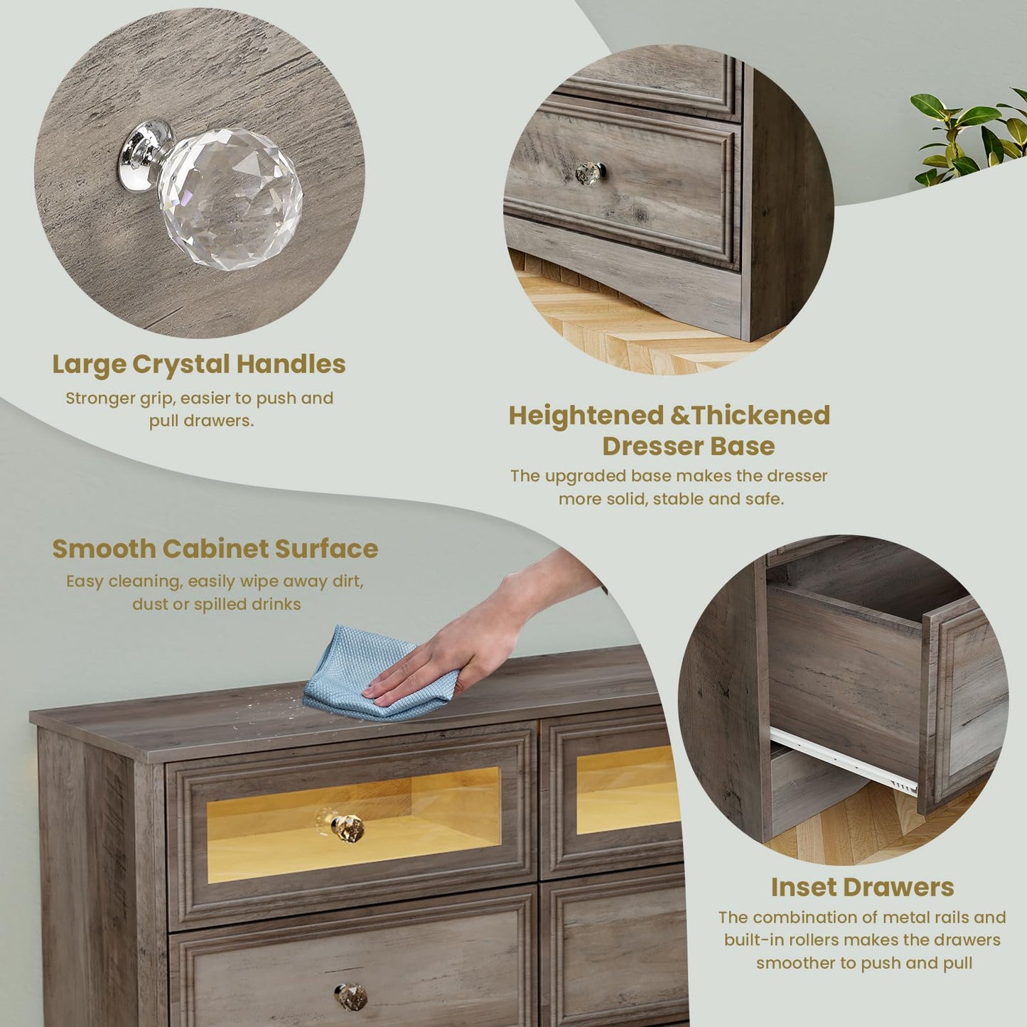 Modern 7 Drawer Dresser Gray Dressers for Bedroom, Wood Dresser with Drawers for Clothes Storage, 47" Long Dresser with Textured Borders Deep Drawer, Chest of Drawers Closet Organizers for Bedroom