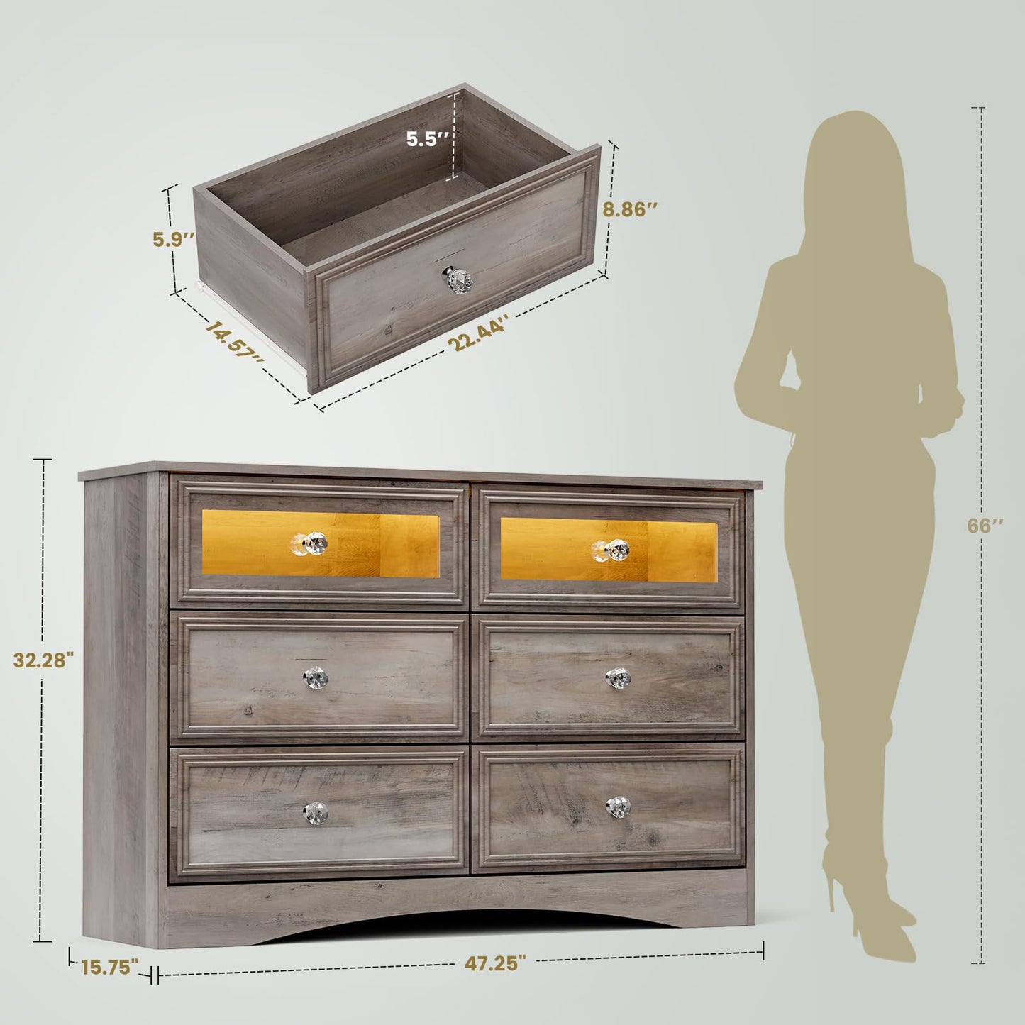 Modern 7 Drawer Dresser Gray Dressers for Bedroom, Wood Dresser with Drawers for Clothes Storage, 47" Long Dresser with Textured Borders Deep Drawer, Chest of Drawers Closet Organizers for Bedroom