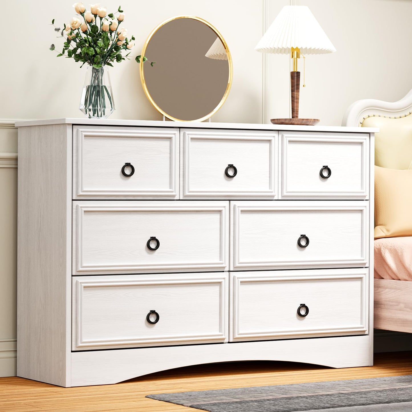 Modern 7 Drawer Dresser Gray Dressers for Bedroom, Wood Dresser with Drawers for Clothes Storage, 47" Long Dresser with Textured Borders Deep Drawer, Chest of Drawers Closet Organizers for Bedroom