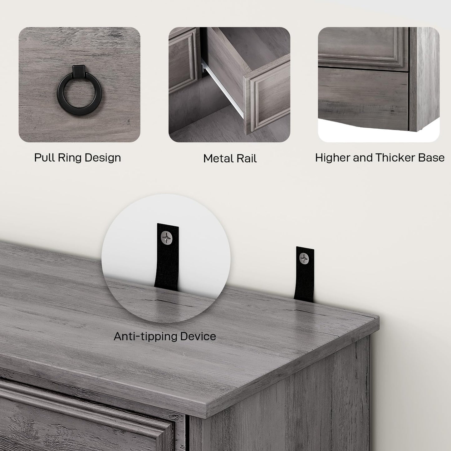 Modern 7 Drawer Dresser Gray Dressers for Bedroom, Wood Dresser with Drawers for Clothes Storage, 47" Long Dresser with Textured Borders Deep Drawer, Chest of Drawers Closet Organizers for Bedroom