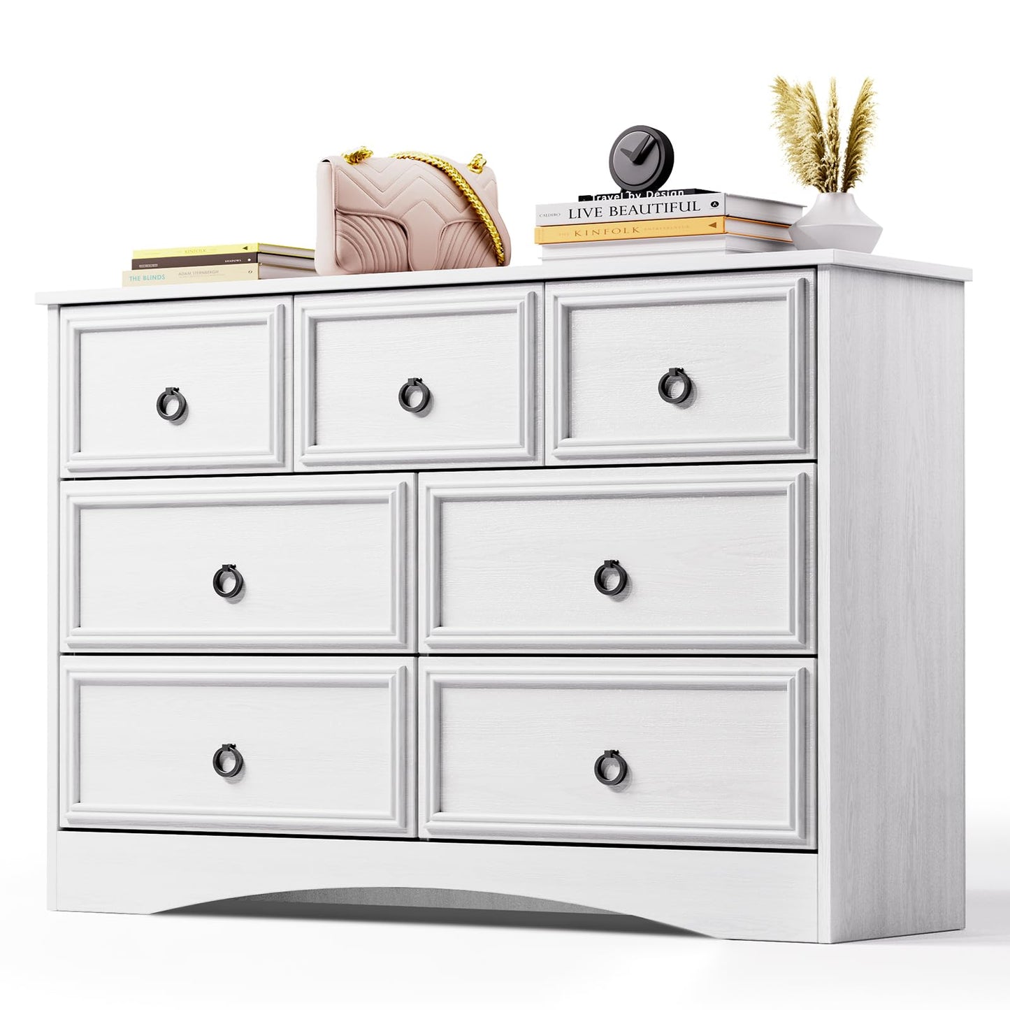 Modern 7 Drawer Dresser Gray Dressers for Bedroom, Wood Dresser with Drawers for Clothes Storage, 47" Long Dresser with Textured Borders Deep Drawer, Chest of Drawers Closet Organizers for Bedroom