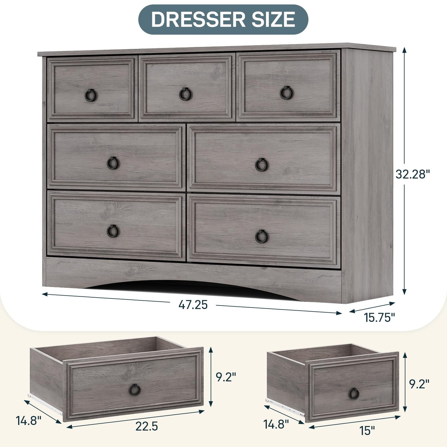 Modern 7 Drawer Dresser Gray Dressers for Bedroom, Wood Dresser with Drawers for Clothes Storage, 47" Long Dresser with Textured Borders Deep Drawer, Chest of Drawers Closet Organizers for Bedroom