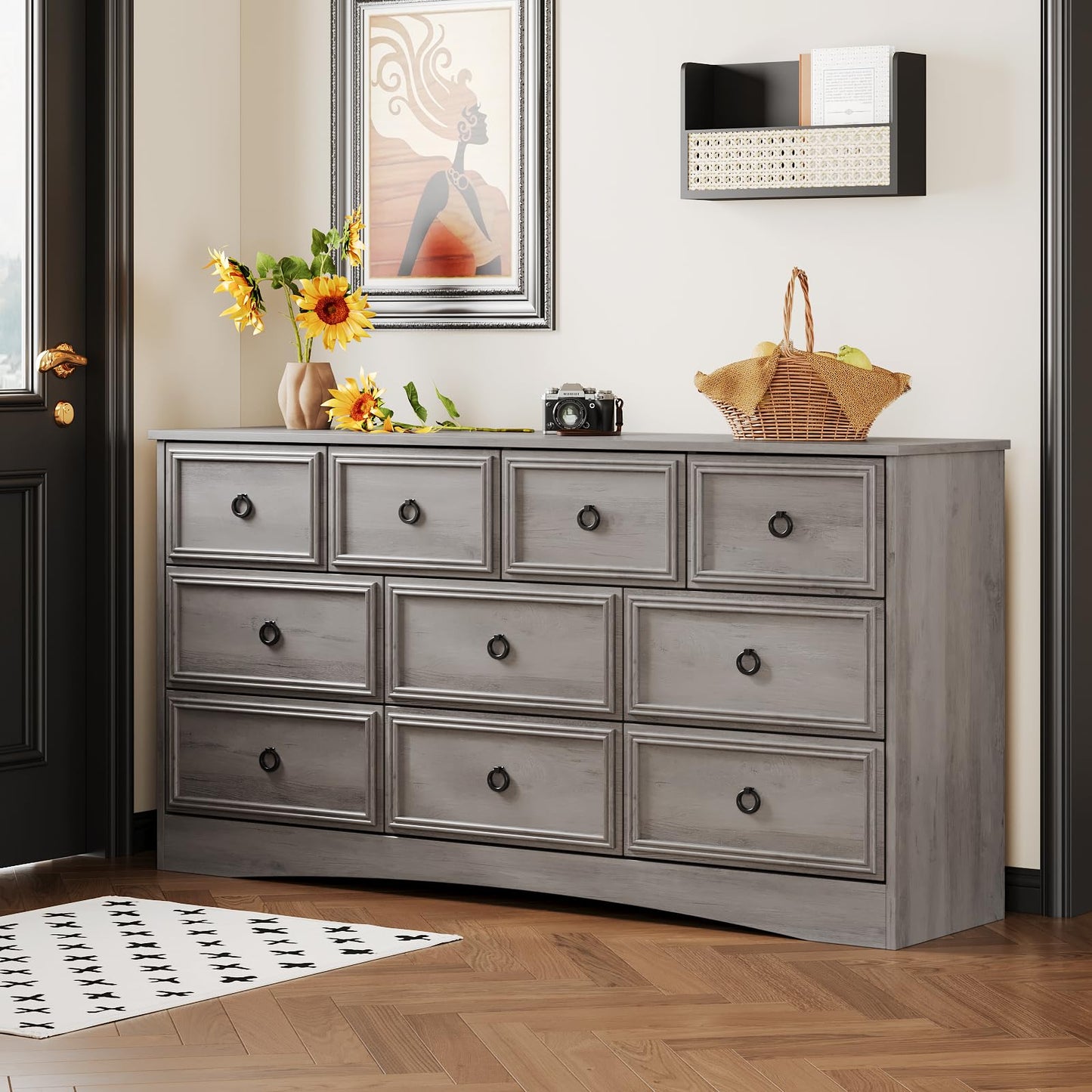 Modern 7 Drawer Dresser Gray Dressers for Bedroom, Wood Dresser with Drawers for Clothes Storage, 47" Long Dresser with Textured Borders Deep Drawer, Chest of Drawers Closet Organizers for Bedroom