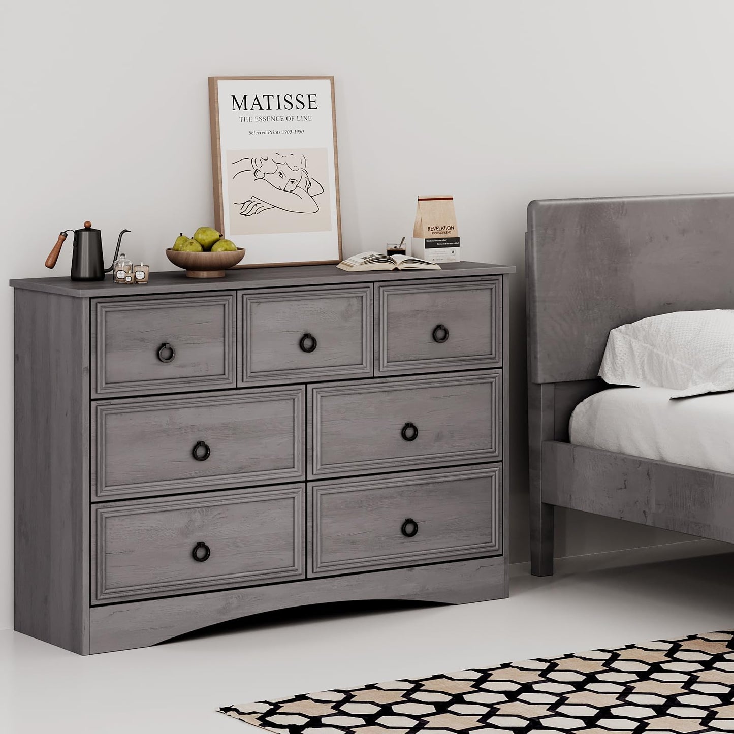 Modern 7 Drawer Dresser Gray Dressers for Bedroom, Wood Dresser with Drawers for Clothes Storage, 47" Long Dresser with Textured Borders Deep Drawer, Chest of Drawers Closet Organizers for Bedroom
