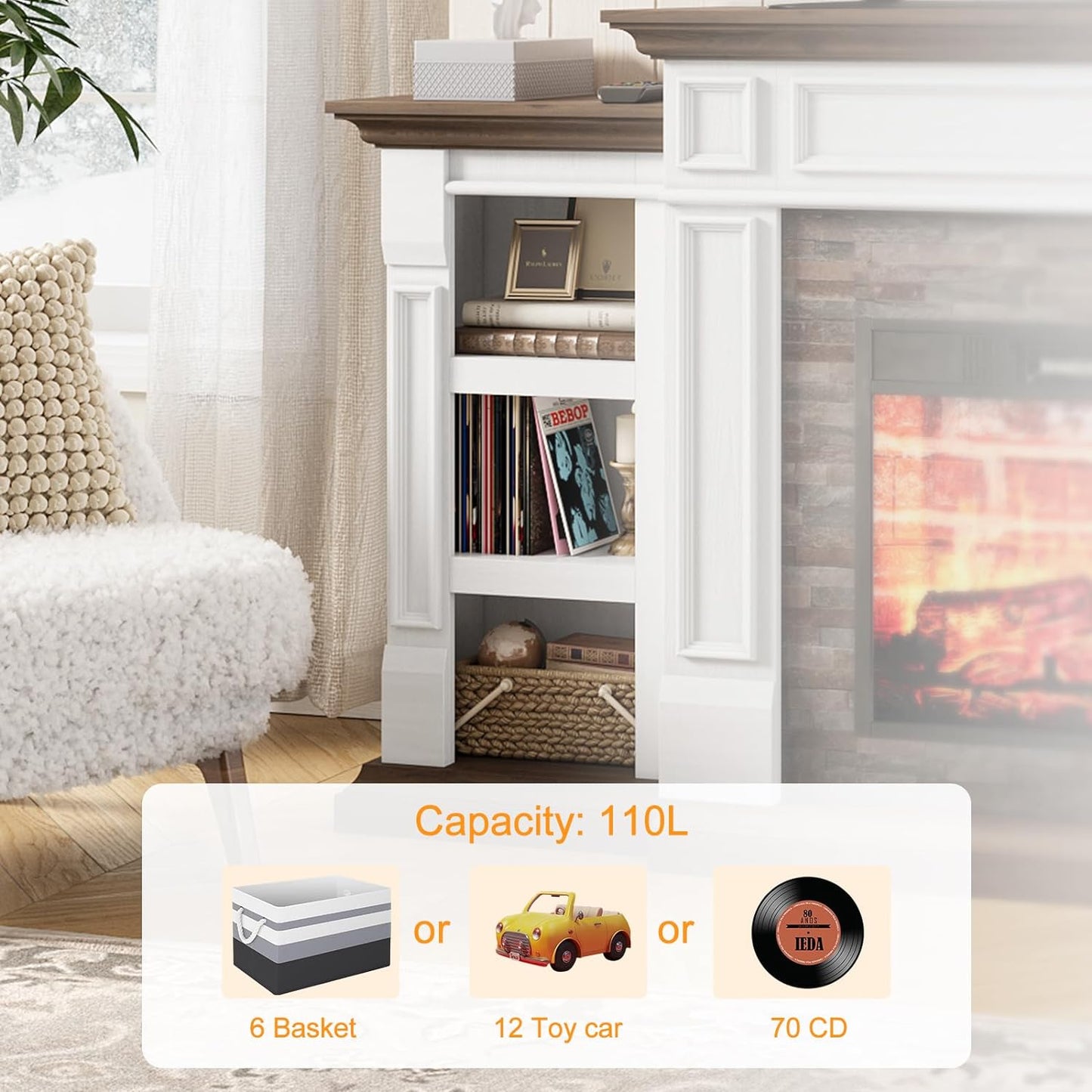 70" Fireplace Mantel TV Stand Entertainment Center for TVs up to 80" with Red Brick Fireplace