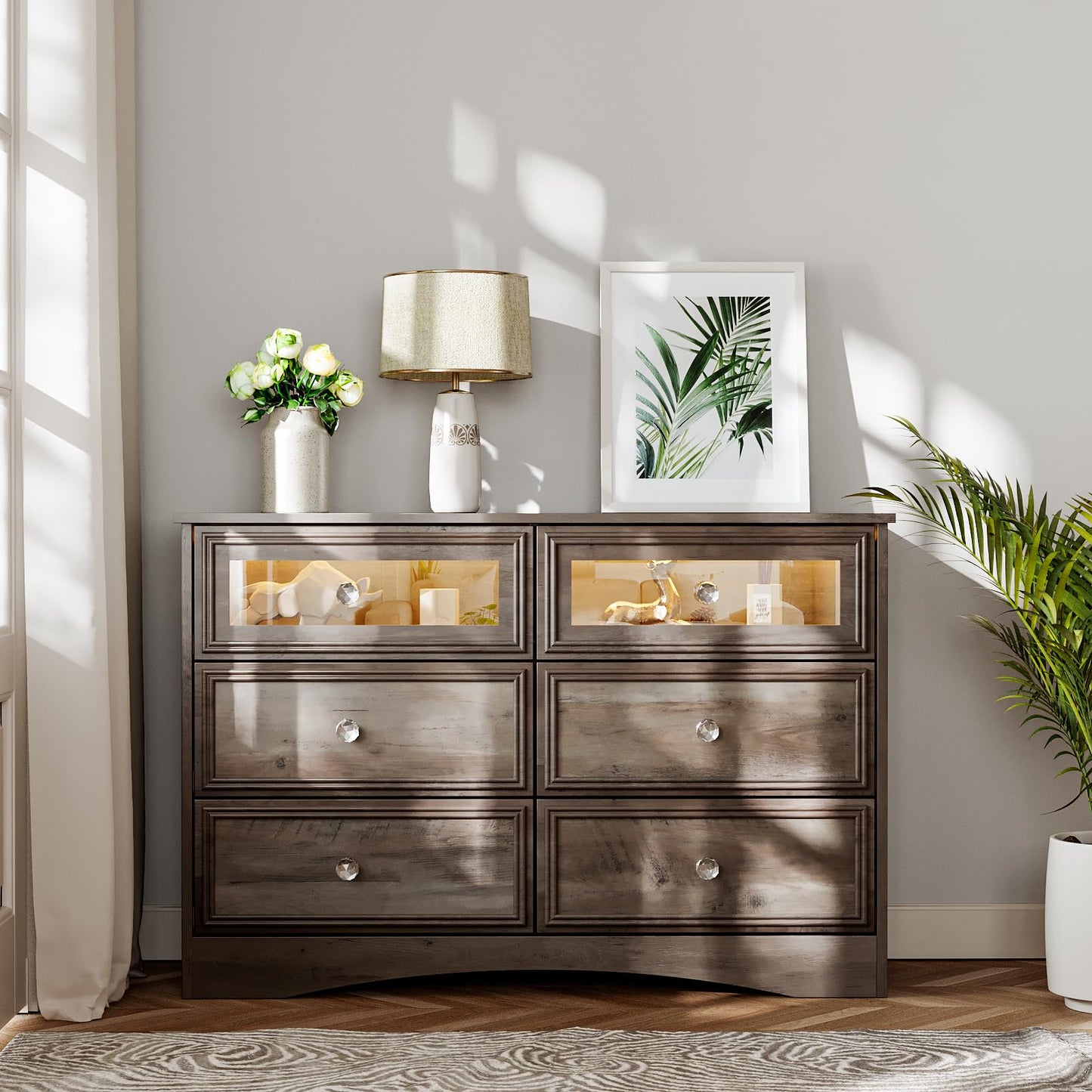 Modern 7 Drawer Dresser Gray Dressers for Bedroom, Wood Dresser with Drawers for Clothes Storage, 47" Long Dresser with Textured Borders Deep Drawer, Chest of Drawers Closet Organizers for Bedroom
