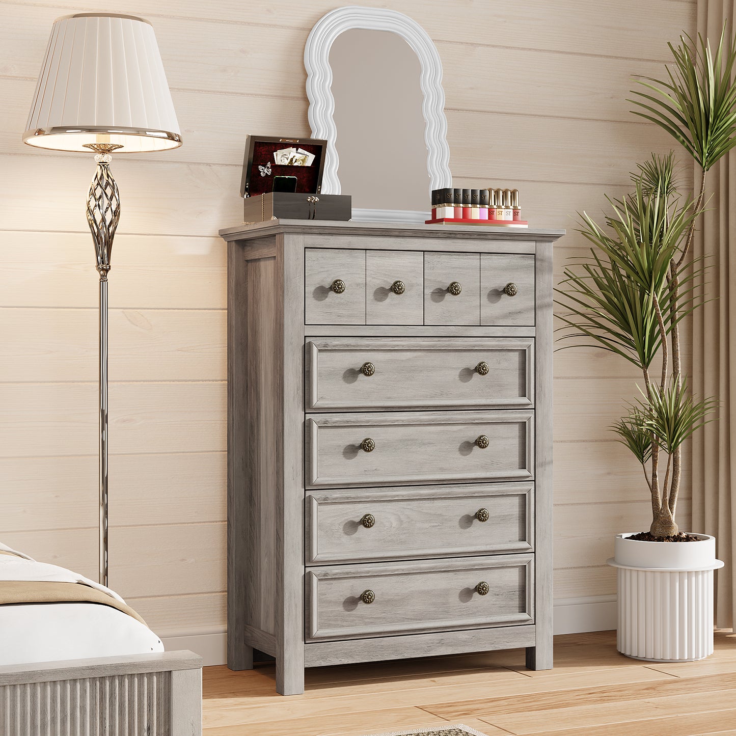 6 Drawers Dresser for Bedroom, Farmhouse Tall Dresser, Gray
