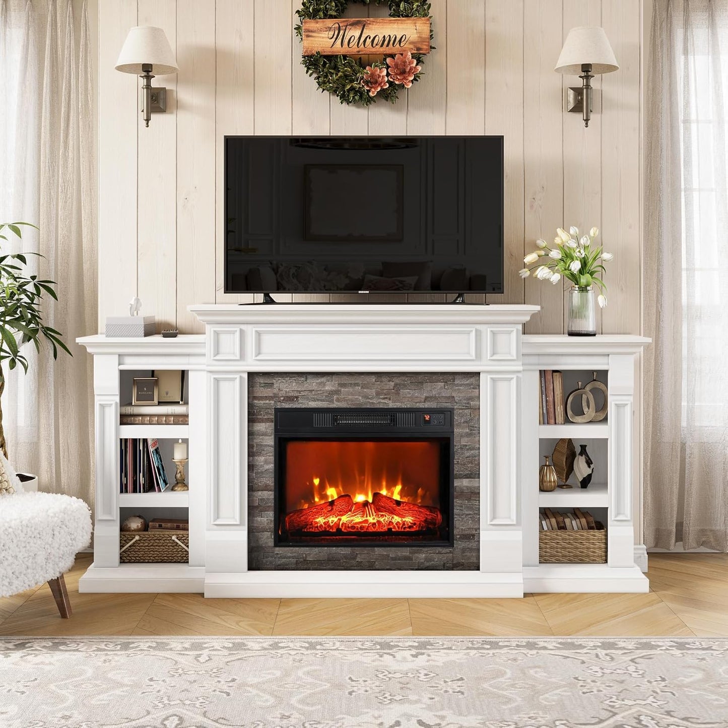 70" Fireplace Mantel TV Stand Entertainment Center for TVs up to 80"