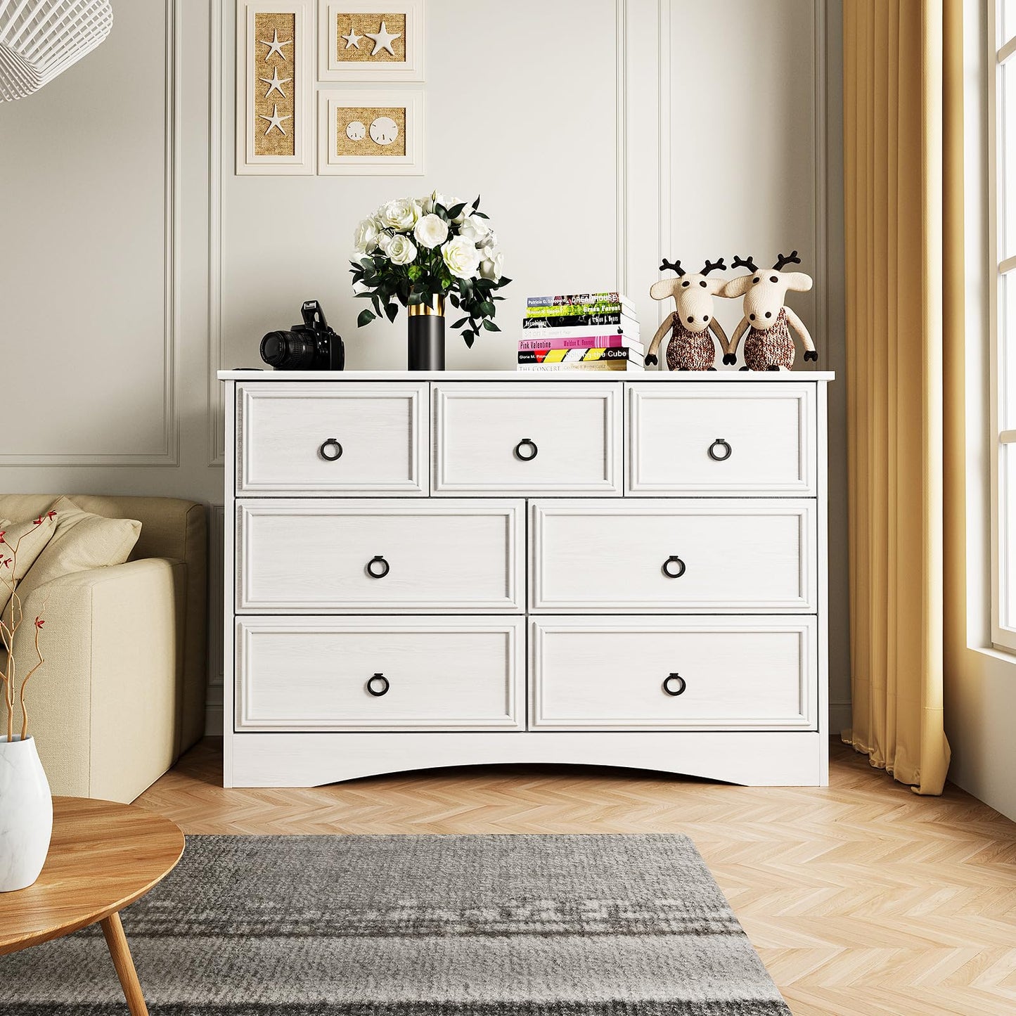 Modern 7 Drawer Dresser Gray Dressers for Bedroom, Wood Dresser with Drawers for Clothes Storage, 47" Long Dresser with Textured Borders Deep Drawer, Chest of Drawers Closet Organizers for Bedroom