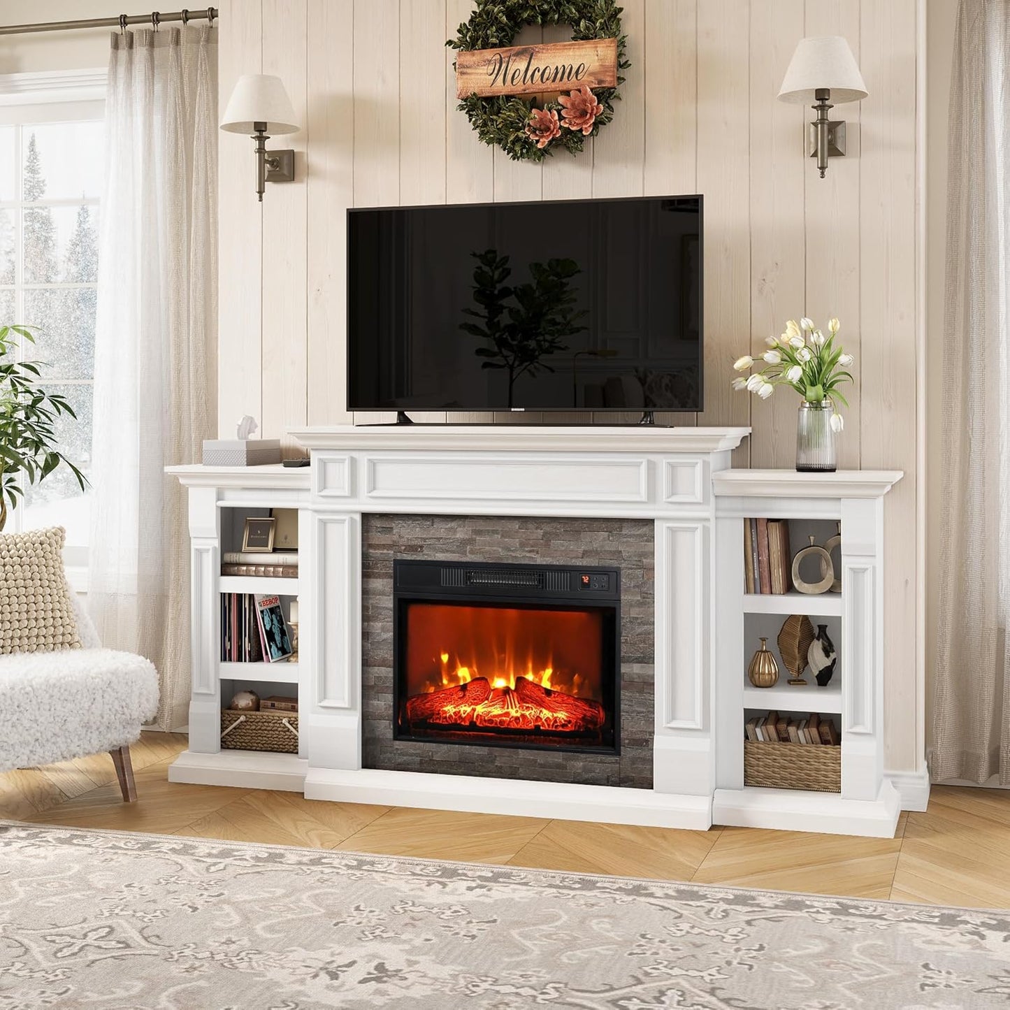 70" Fireplace Mantel TV Stand Entertainment Center for TVs up to 80"