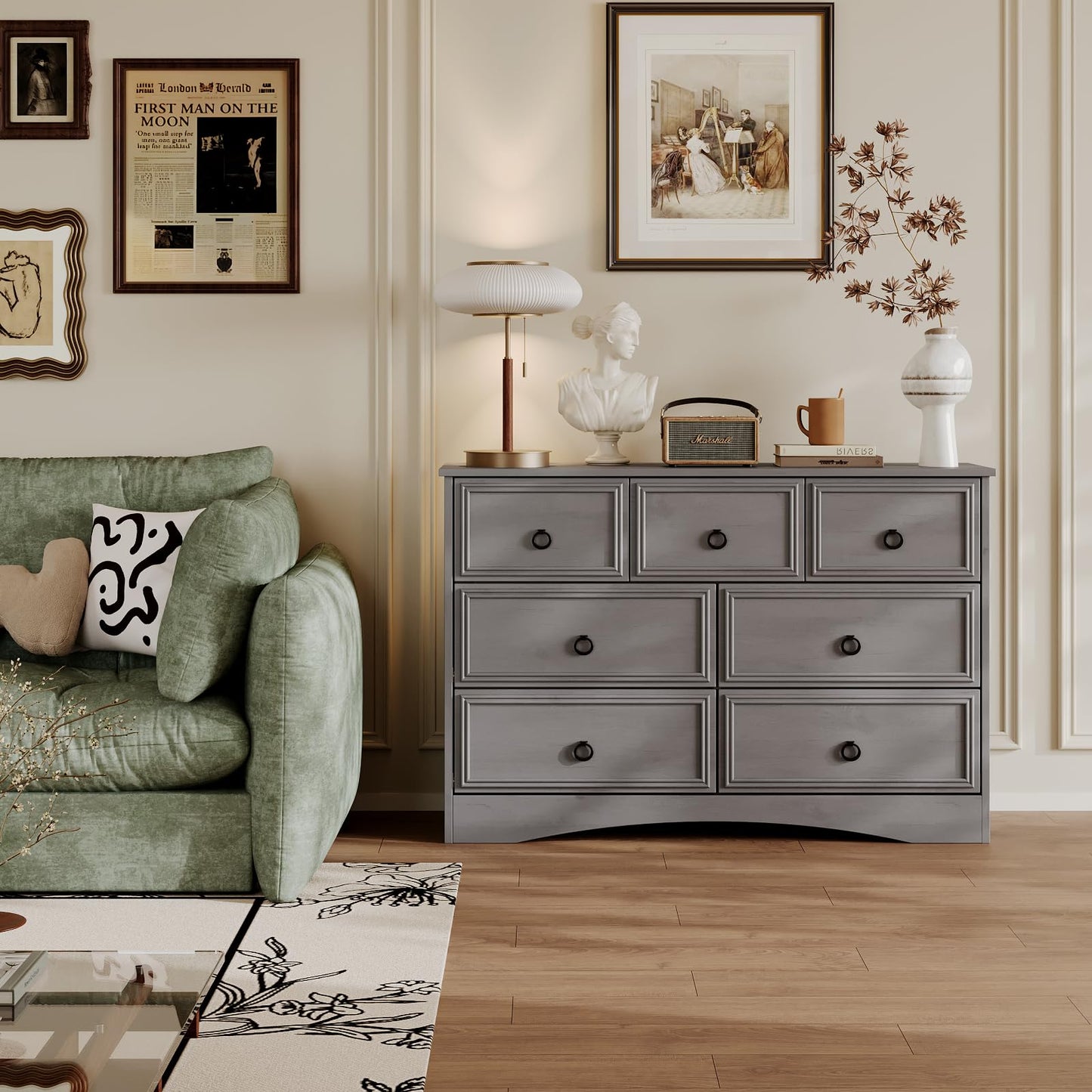 Modern 7 Drawer Dresser Gray Dressers for Bedroom, Wood Dresser with Drawers for Clothes Storage, 47" Long Dresser with Textured Borders Deep Drawer, Chest of Drawers Closet Organizers for Bedroom
