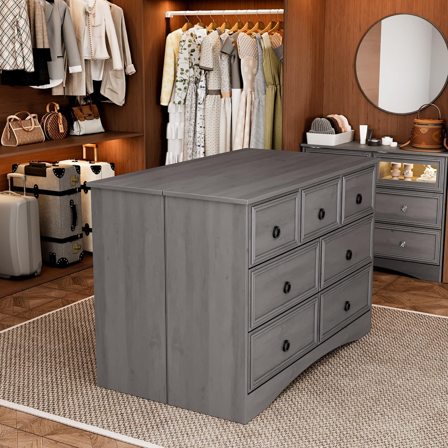 Modern 7 Drawer Dresser Gray Dressers for Bedroom, Wood Dresser with Drawers for Clothes Storage, 47" Long Dresser with Textured Borders Deep Drawer, Chest of Drawers Closet Organizers for Bedroom
