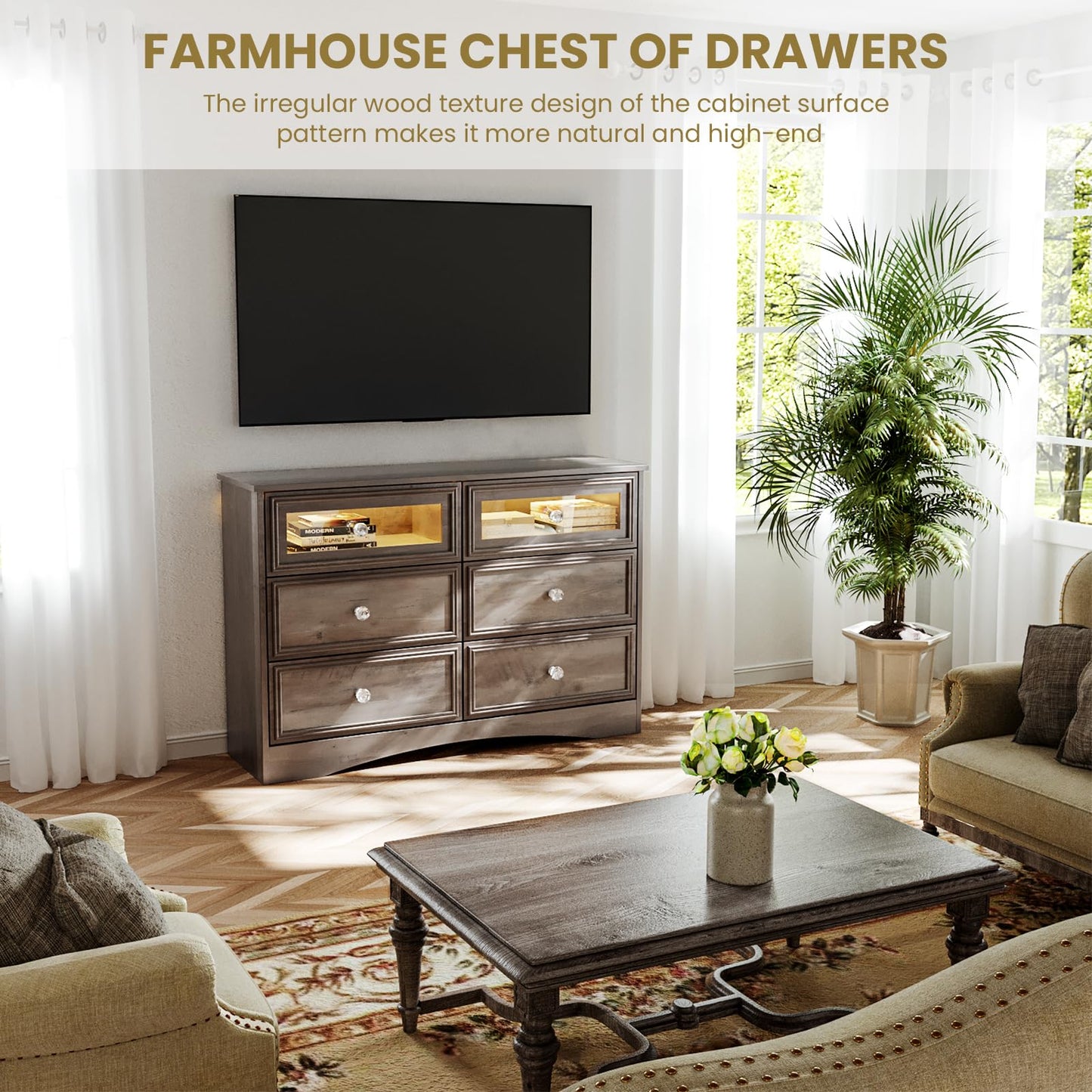 Modern 7 Drawer Dresser Gray Dressers for Bedroom, Wood Dresser with Drawers for Clothes Storage, 47" Long Dresser with Textured Borders Deep Drawer, Chest of Drawers Closet Organizers for Bedroom