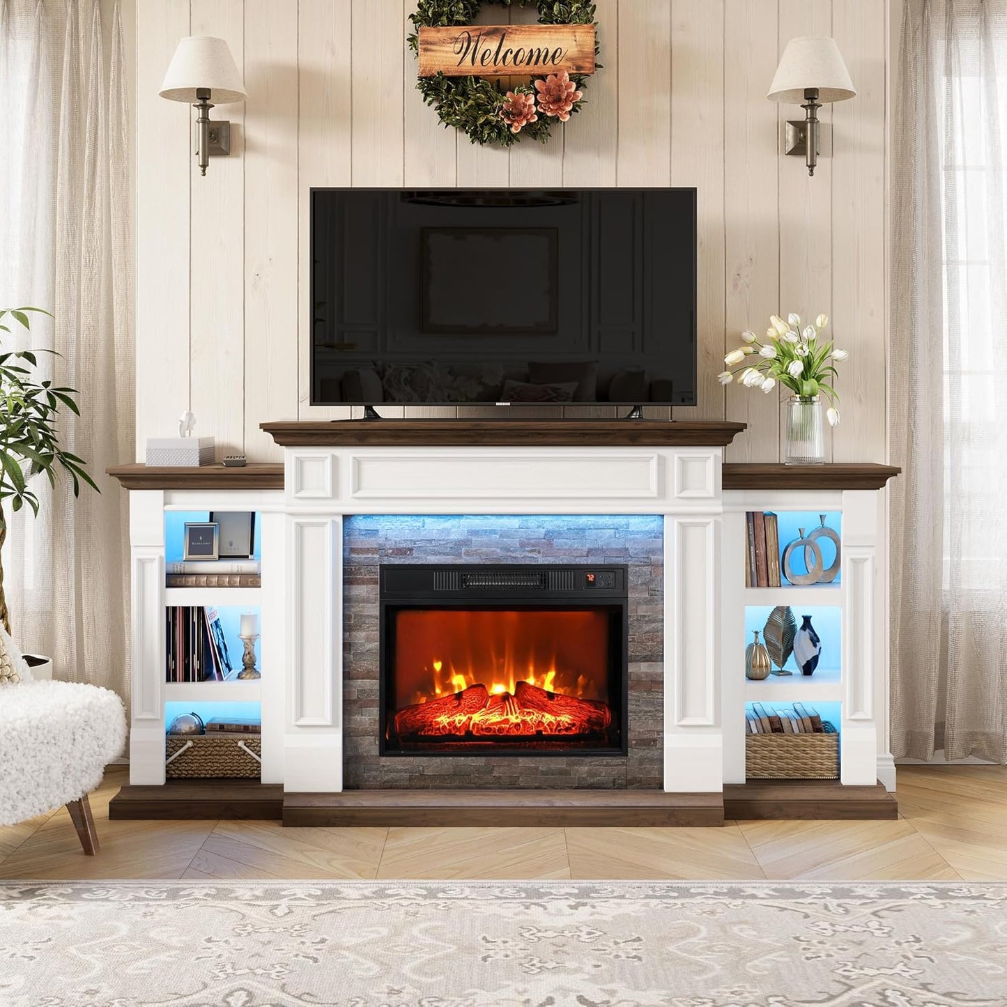 71" Fireplace Mantel TV Stand Entertainment Center for TVs up to 80" with LED Lights