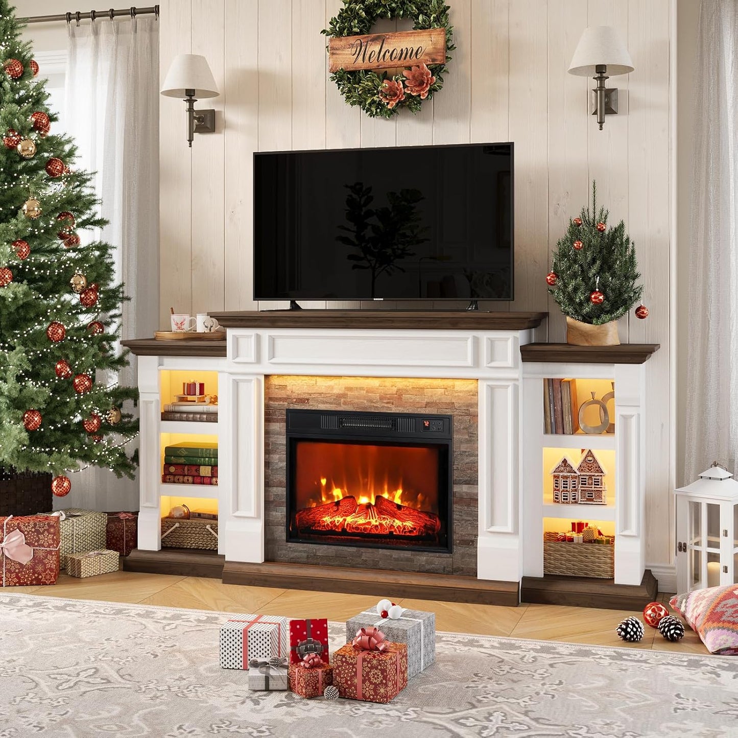 71" Fireplace Mantel TV Stand Entertainment Center for TVs up to 80" with LED Lights