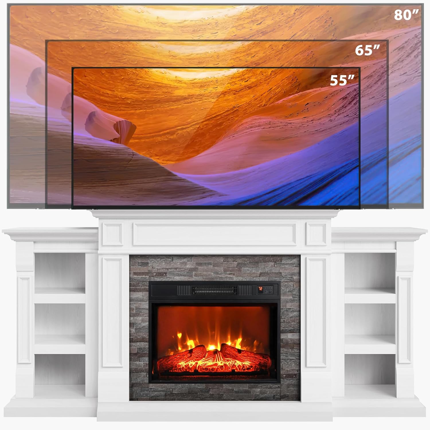 Holliwill 70" Mantel TV Stand Entertainment Center for TVs up to 80" with 23" Fireplace